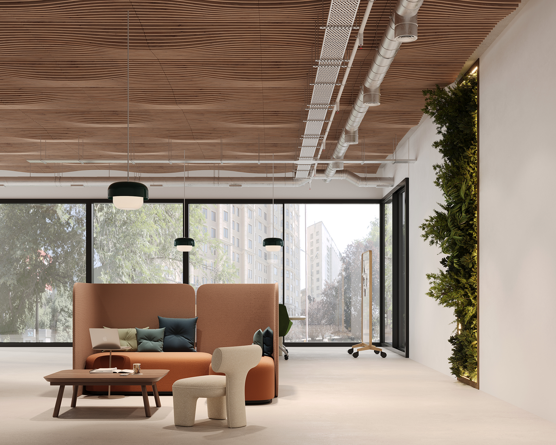 A modern office space features a high acoustic felt ceiling with woodgrain paneling and exposed ductwork. It has large windows, a green living wall, and stylish furniture including a curved sofa, armchair, and coffee table on a light floor.