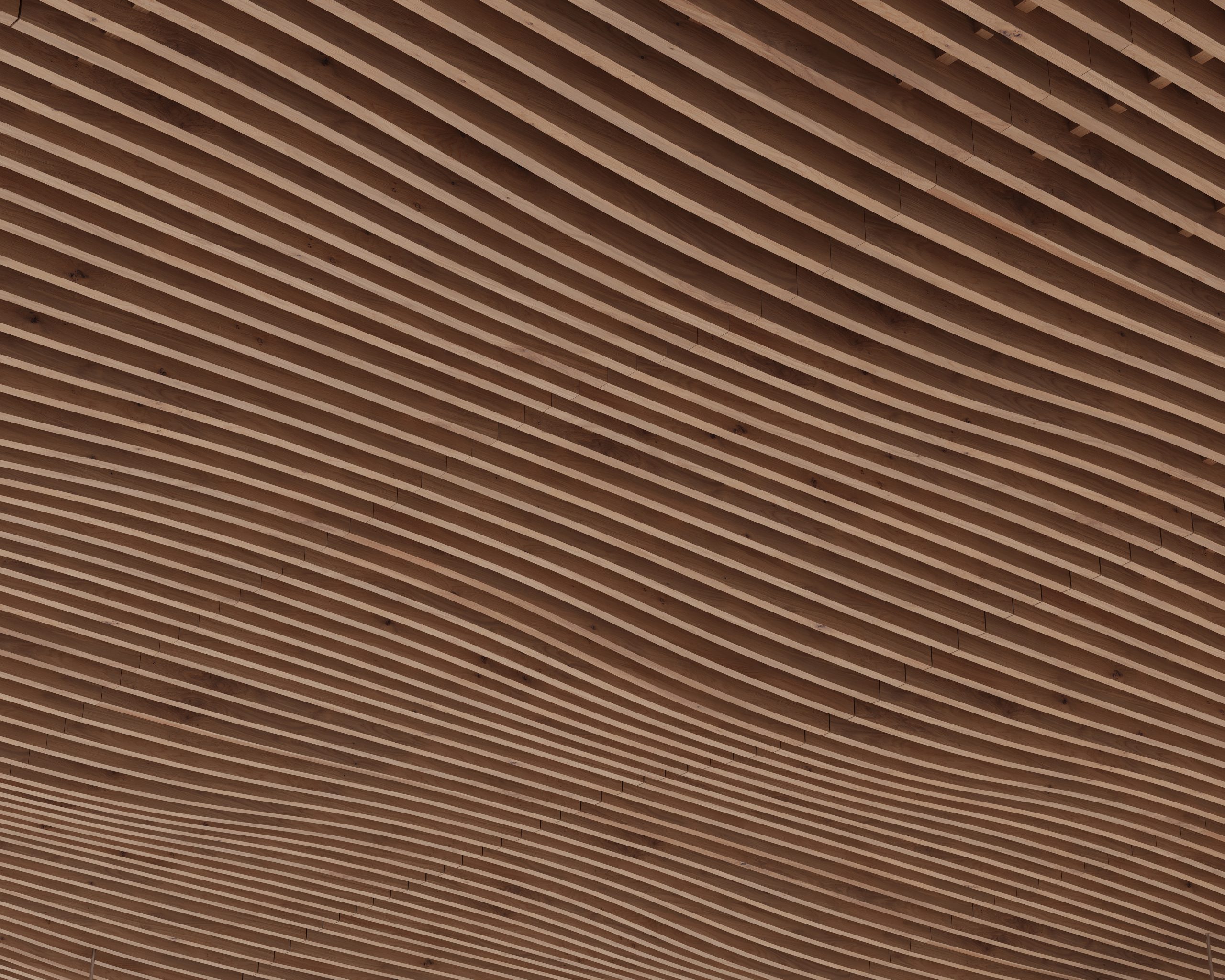 An acoustic felt ceiling design made of woodgrain slats arranged in wavy, parallel lines, creating a textured and dynamic pattern. The wood is light brown, giving an organic and modern aesthetic to the architecture.