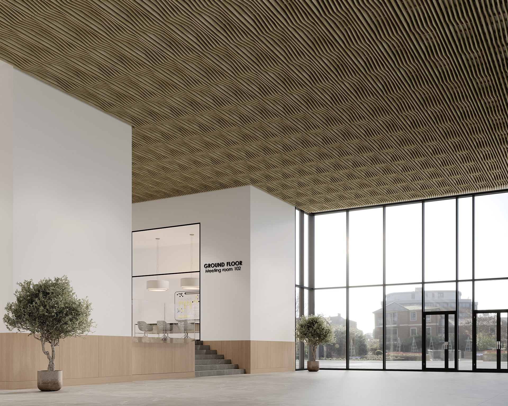 Spacious modern lobby with high glass windows and a woodgrain acoustic felt slatted ceiling. A sign indicates "Ground Floor Meeting Room 102" beside a meeting room with glass walls and a large table. Two potted trees are placed against the white walls.