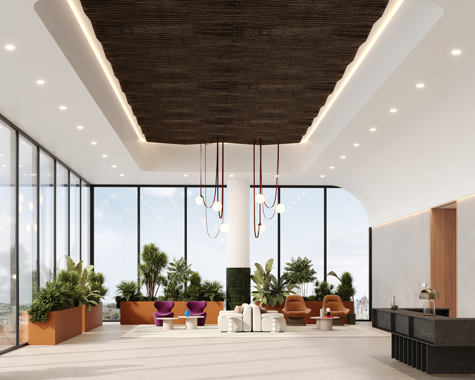 A modern lounge area with large windows and city views. It features colorful seating, including purple, brown, and white chairs. The space has lush green plants and a unique woodgrain acoustic felt ceiling with hanging light fixtures. A small reception desk is visible.
