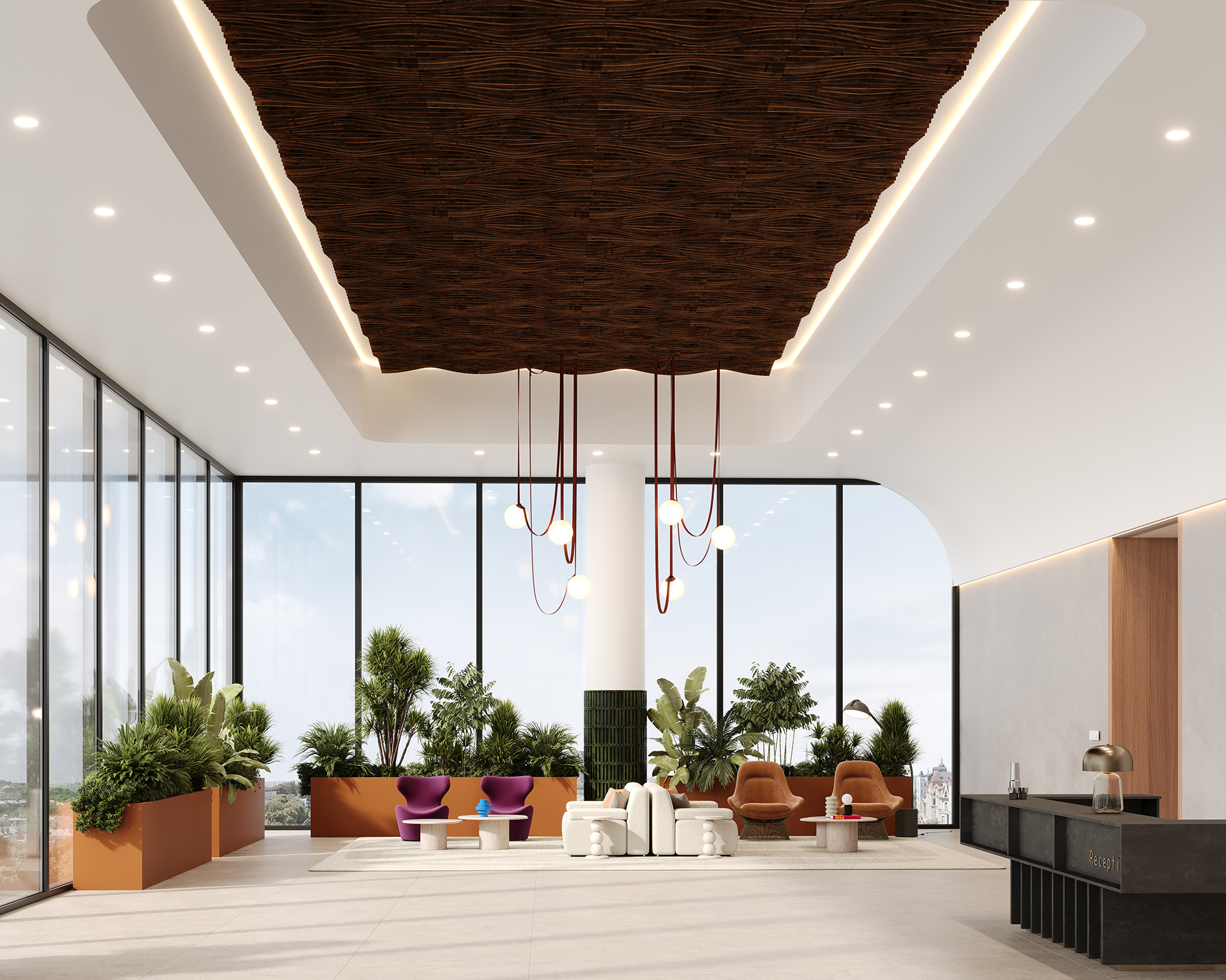 Modern lobby with large windows, featuring contemporary furniture in white, purple, and orange. Potted plants add greenery. A unique woodgrain acoustic felt ceiling design with hanging lights is a focal point. Natural light floods the spacious room.