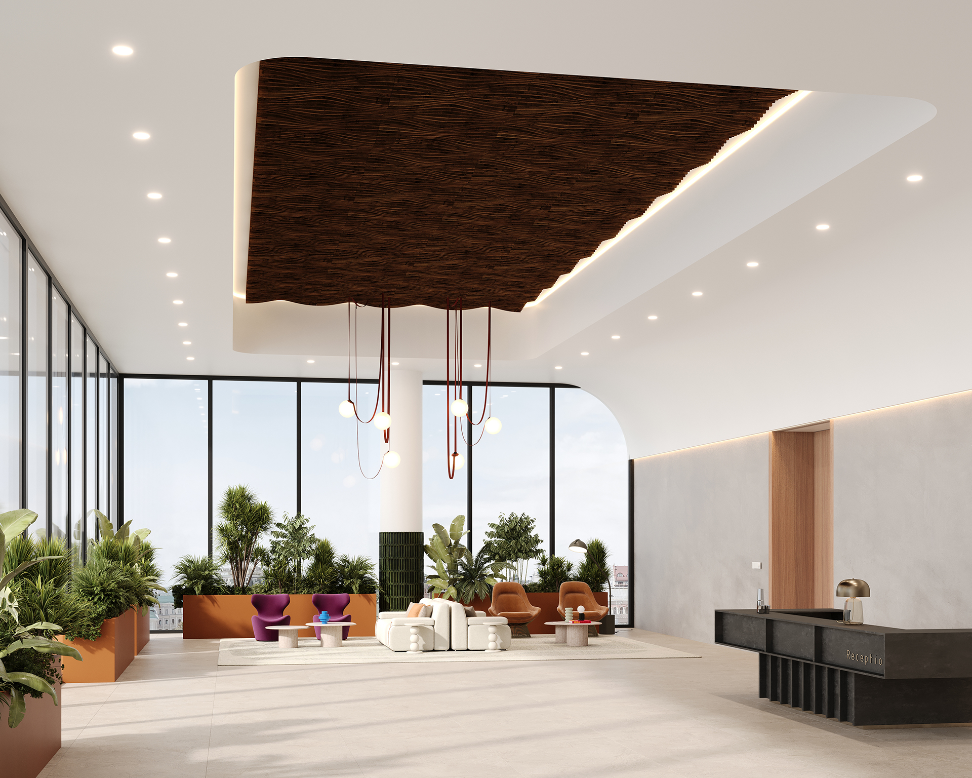 Modern lobby with large windows and abundant natural light. Features include a dark, wavy acoustic felt ceiling with hanging lights, potted plants, colorful seating arrangements, and a minimalist reception desk with a faucet.