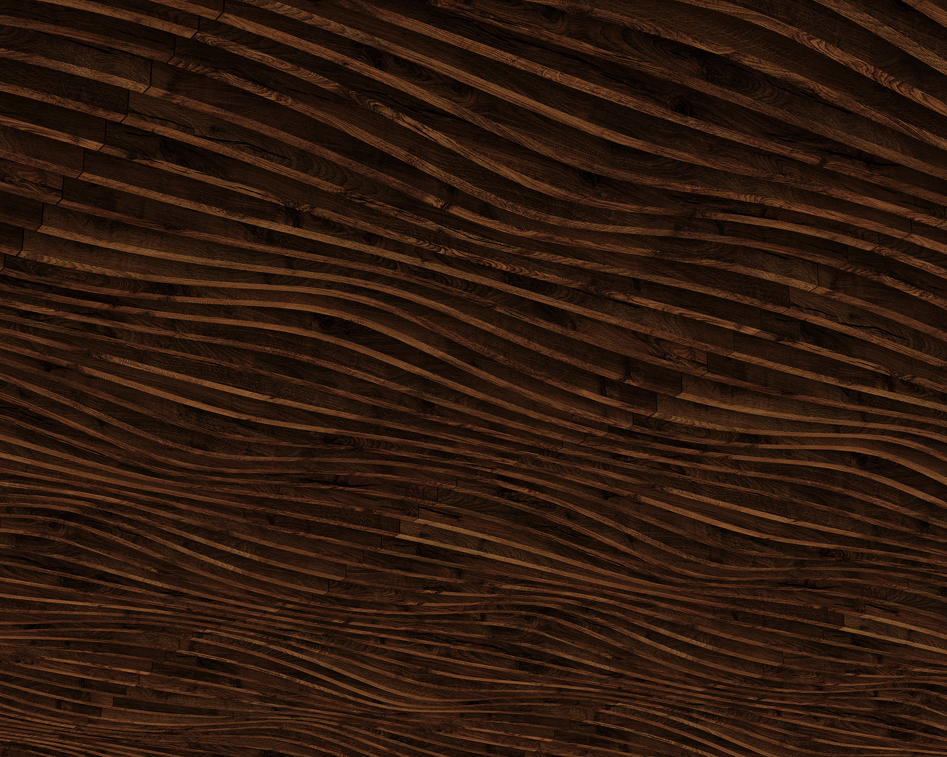 A close-up of dark brown, wavy woodgrain acoustic felt ceiling frames arranged horizontally. The texture resembles undulating waves or sand ripples, with variations in light and shadow highlighting the natural grain and curvature of the wood.