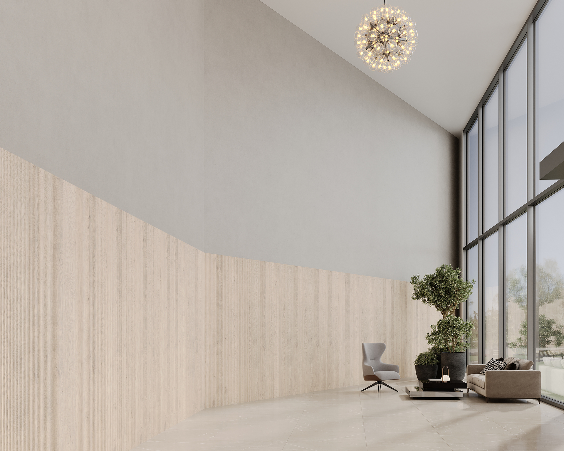Modern lounge with high ceilings, featuring large windows allowing natural light. A light gray accent wall transitions to woodgrain acoustic felt. Furnished with a gray armchair, dark sofa, coffee table, and potted plant. A spherical chandelier hangs overhead.