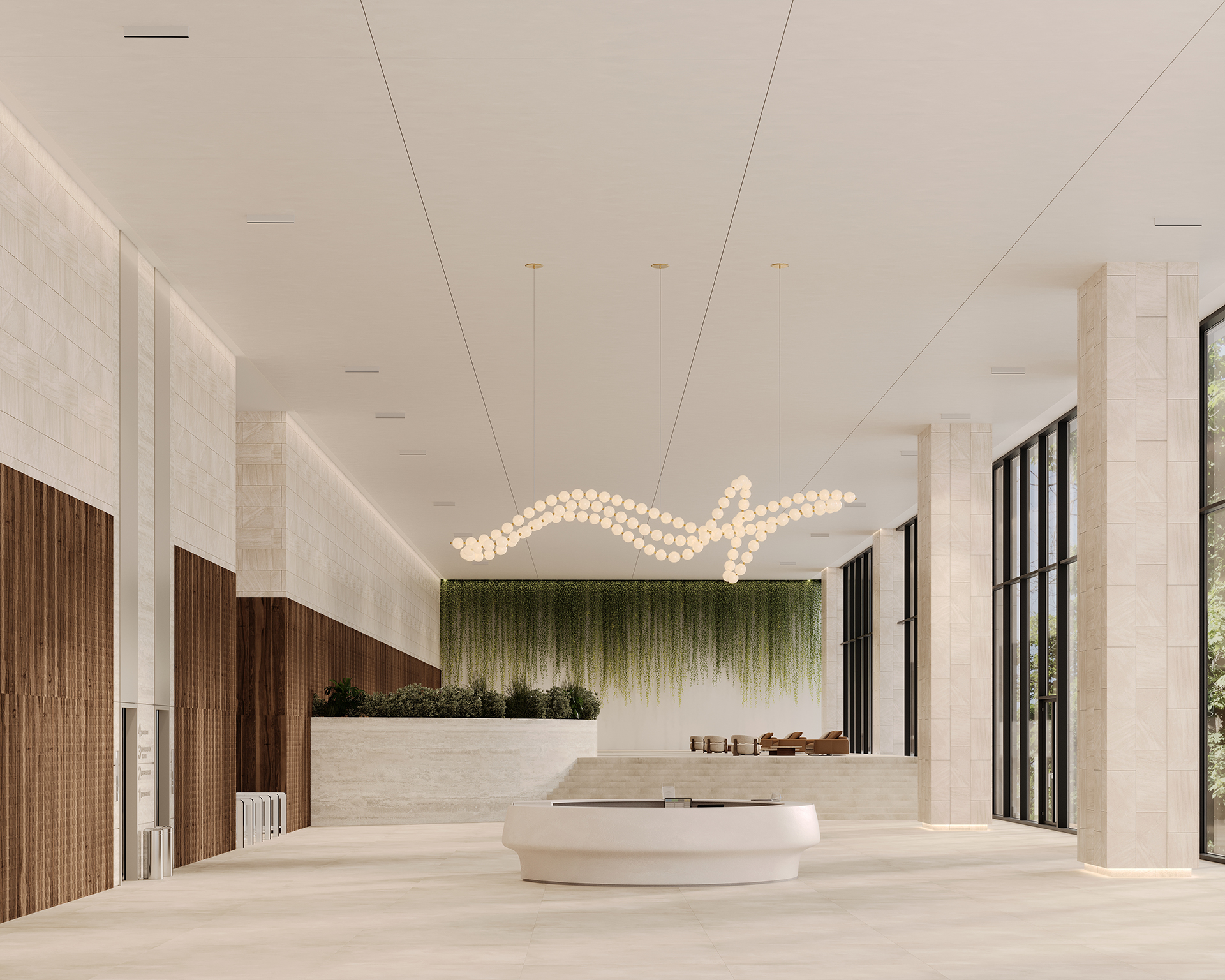 Modern lobby with high ceilings and a large, abstract chandelier. Natural light streams through tall windows. The space features beige acoustic felt walls, a curved reception desk, and a wall of greenery adding a touch of nature.