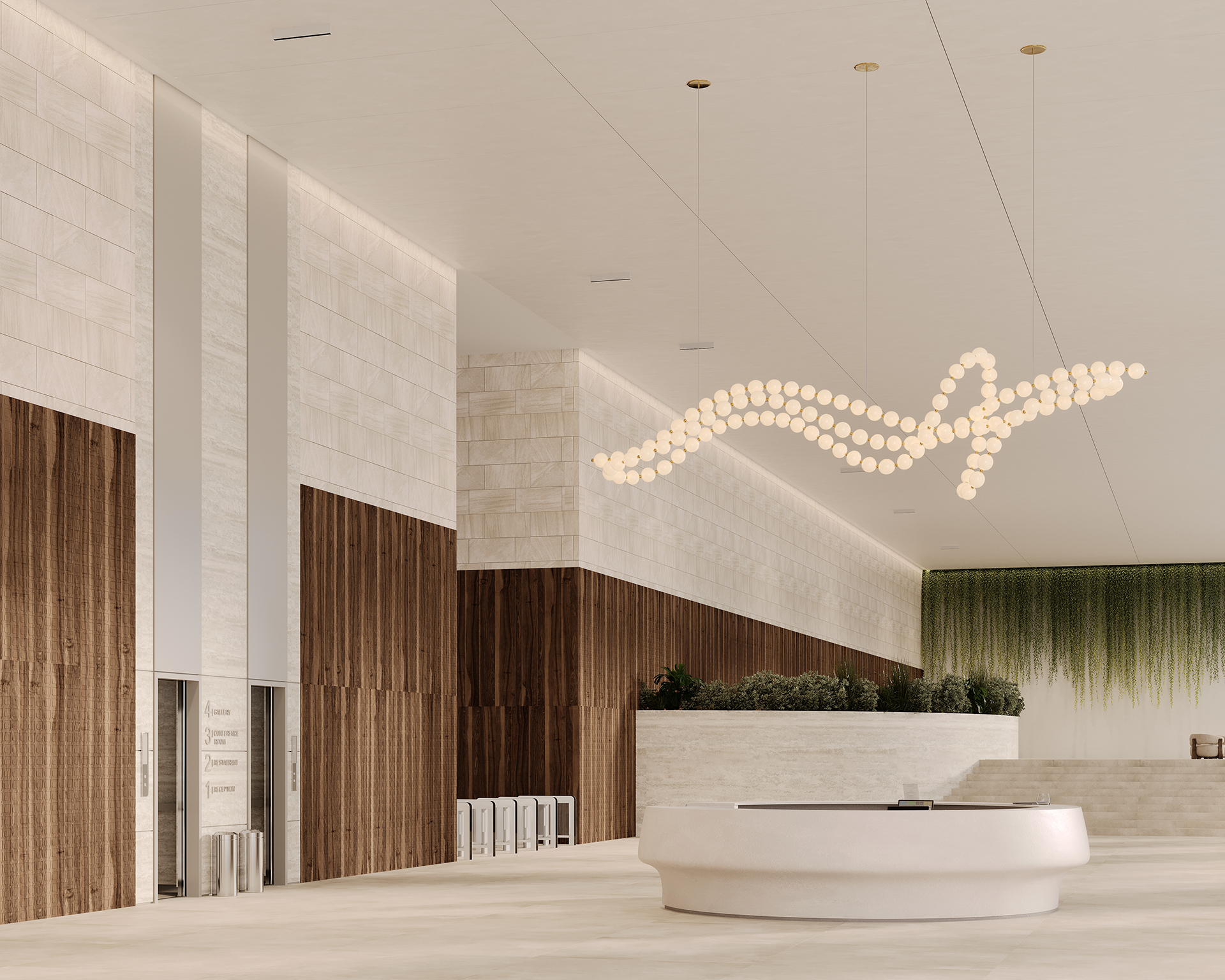 A modern, spacious lobby with high ceilings, featuring a large, abstract chandelier made of spherical lights. The room has wood-paneled walls, indoor plants, and a sleek circular desk. Vertical greenery decorates one wall for a natural touch.