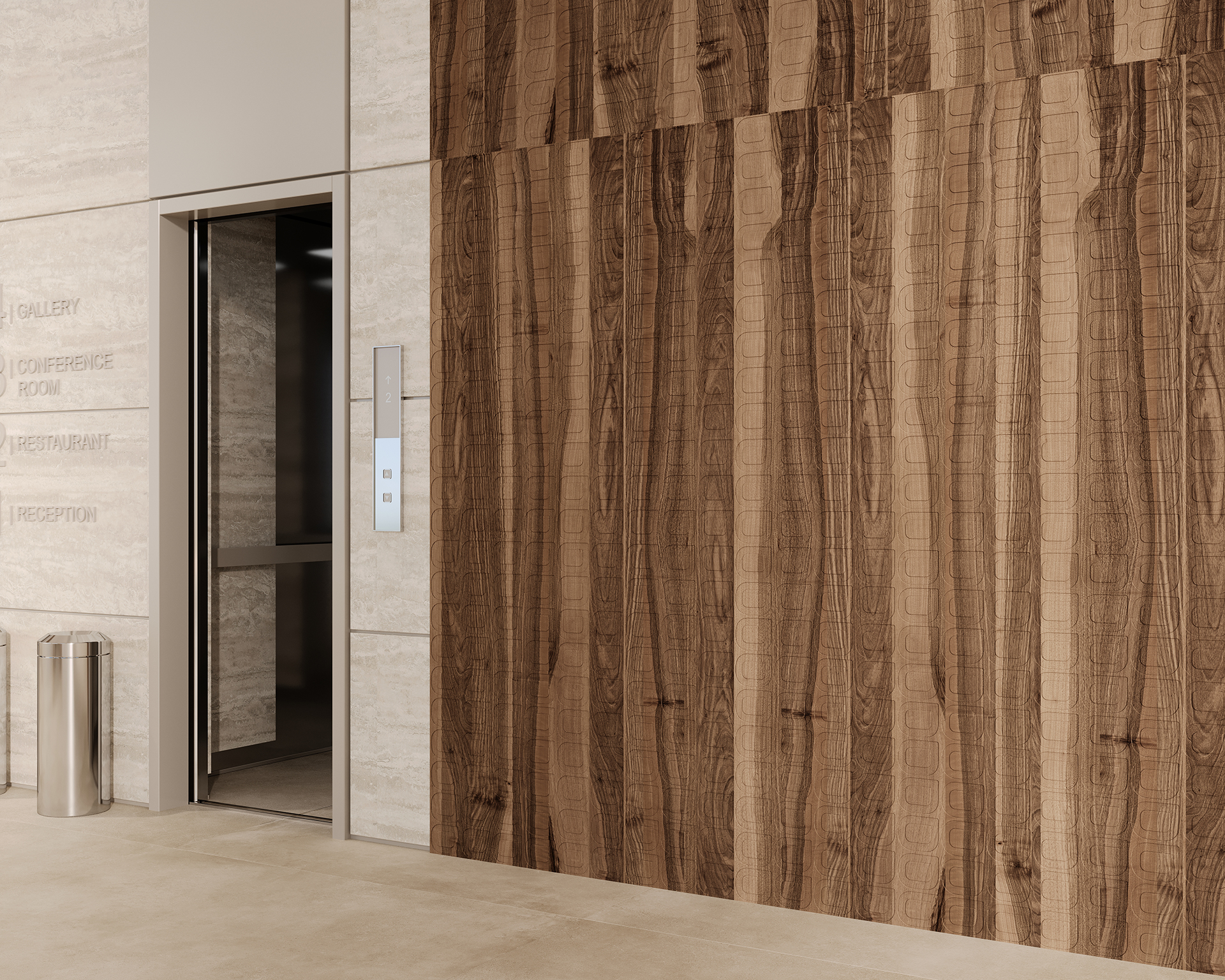 Elevator doors open in a modern building with a wood-paneled acoustic felt accent wall and beige tile flooring. The wall has signage indicating various rooms. A polished metal trash can is placed beside the elevator.