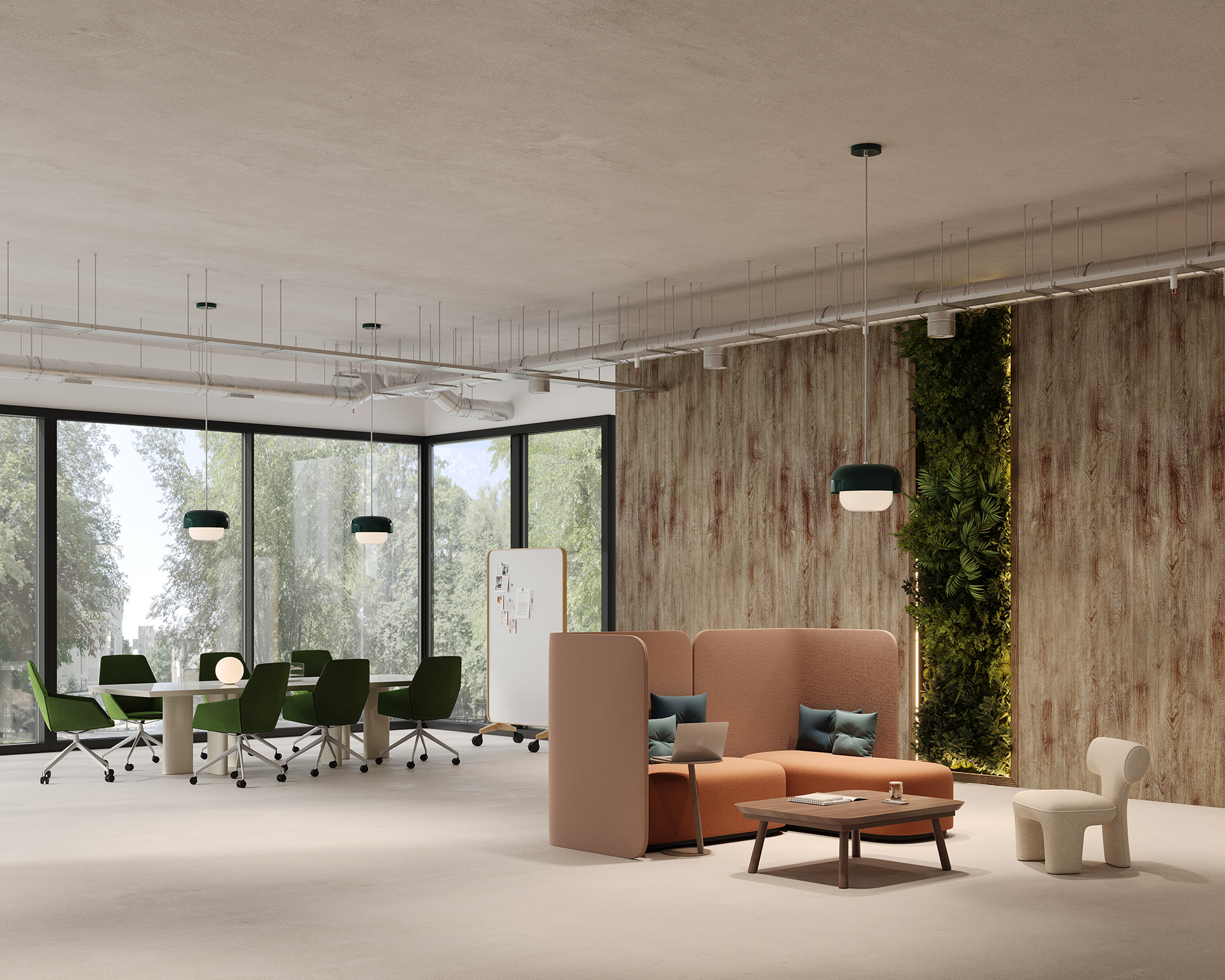 Modern office space with a meeting area, featuring a wooden conference table and green chairs near large windows. A seating area with an orange couch and white armchair is on the right, with a woodgrain acoustic felt panel and green plant accents on the wall.