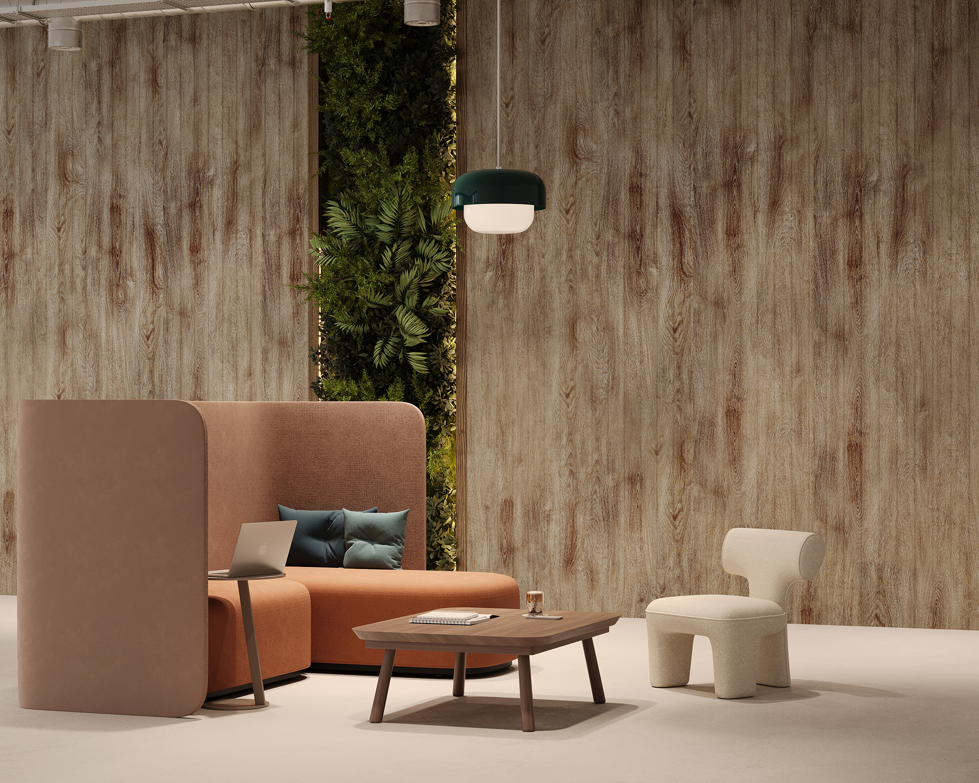 Modern interior with a brown sofa, blue cushions, a laptop, a low wooden table, and a beige chair. A green pendant light hangs above, and woodgrain acoustic felt wall panels with a vertical plant section create a serene atmosphere.