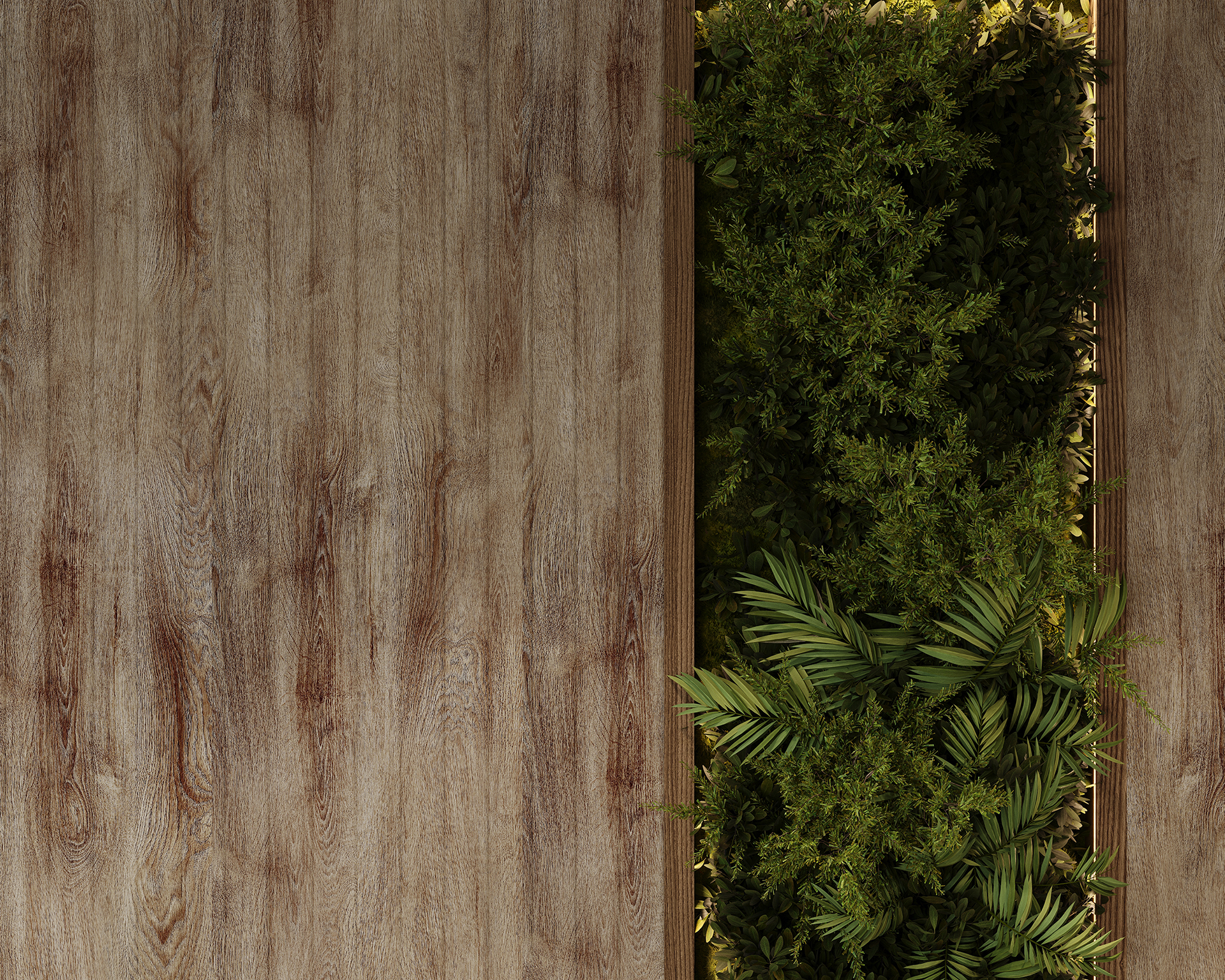 Vertical garden with lush green plants is set against a woodgrain acoustic felt wall. Light is softly illuminating the greenery, creating a contrast between the natural elements and the rustic wood finish.