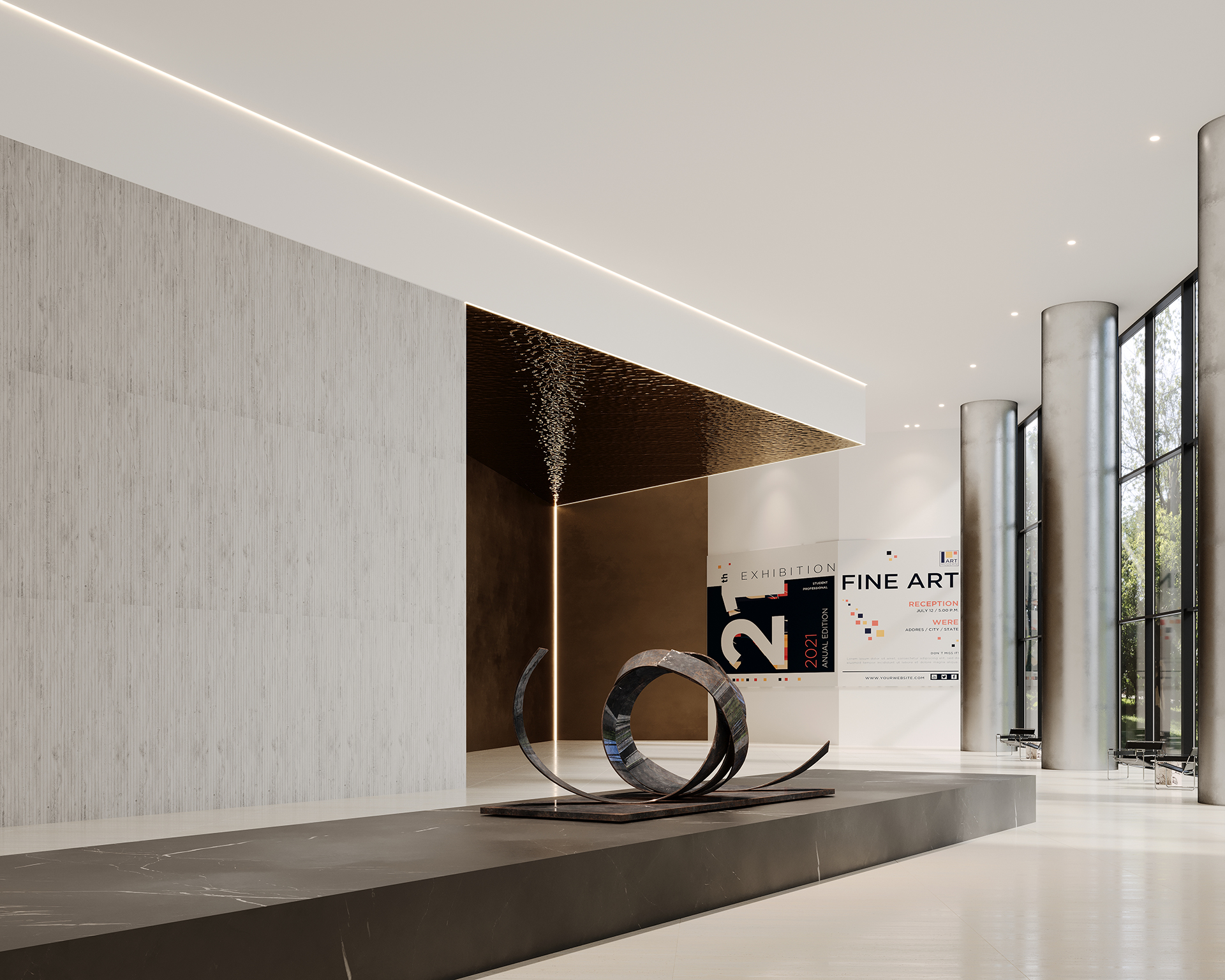 A modern art gallery interior with a large, abstract metal sculpture on a black platform. The room features high ceilings, tall windows, and a poster advertising a fine art exhibition. Walls are adorned with a mix of light and dark textures on acoustic felt panels.