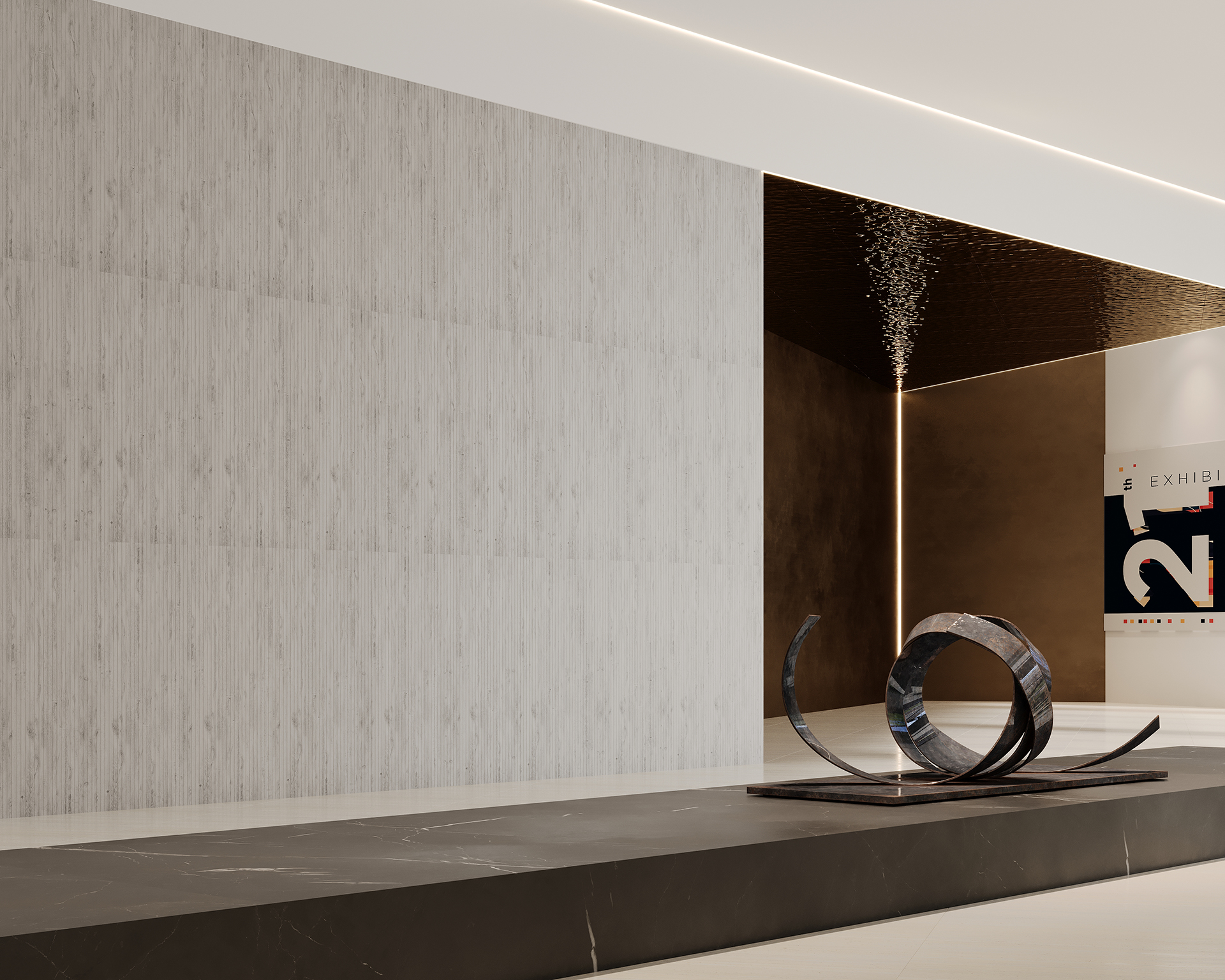 Modern art gallery interior with sleek, minimalist design. Features a twisted metal sculpture on a black platform, a textured light gray acoustic felt wall, and a darker brown wall with a part of an exhibition poster visible. Ceiling lighting creates a soft glow.