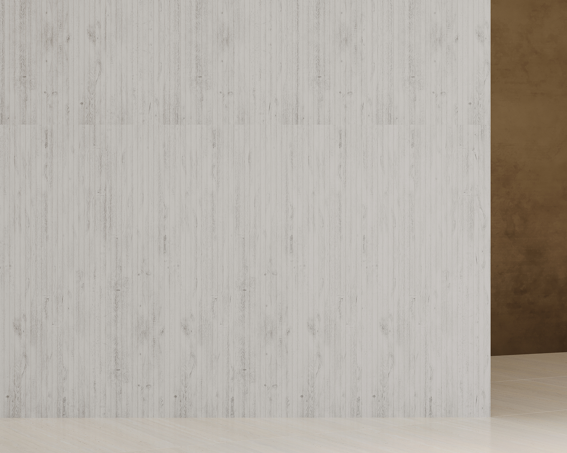 A minimalist interior features a white woodgrain acoustic felt wall with vertical grain patterns on the left and a section of smooth brown wall on the right. The floor is light-colored with subtle grain details, complementing the modern aesthetic.