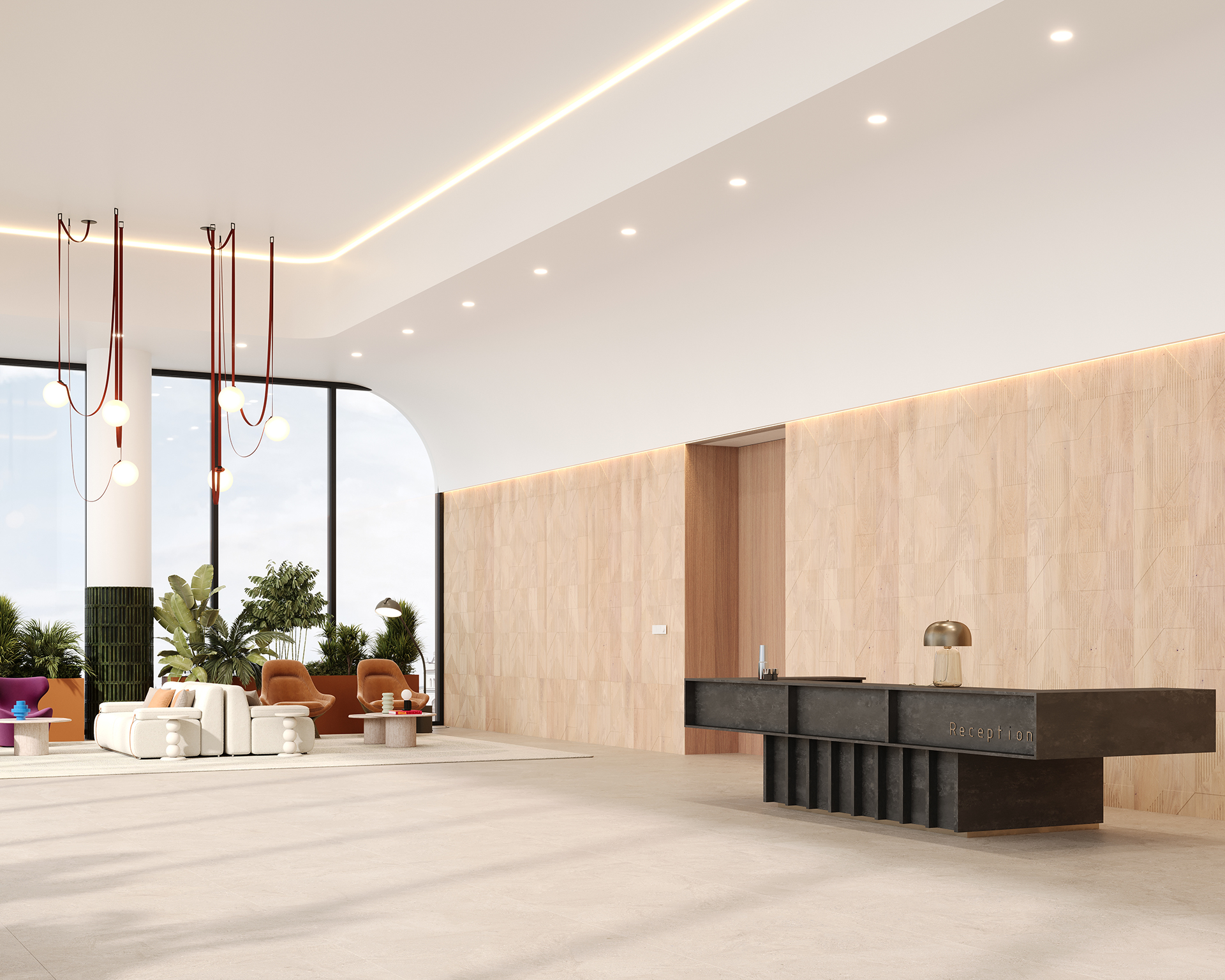 A modern hotel lobby with a sleek black reception desk and a backdrop of a light woodgrain acoustic felt wall. To the left, there are white and brown seating areas with greenery. Large windows provide natural light. Elegant pendant lights hang from the ceiling.