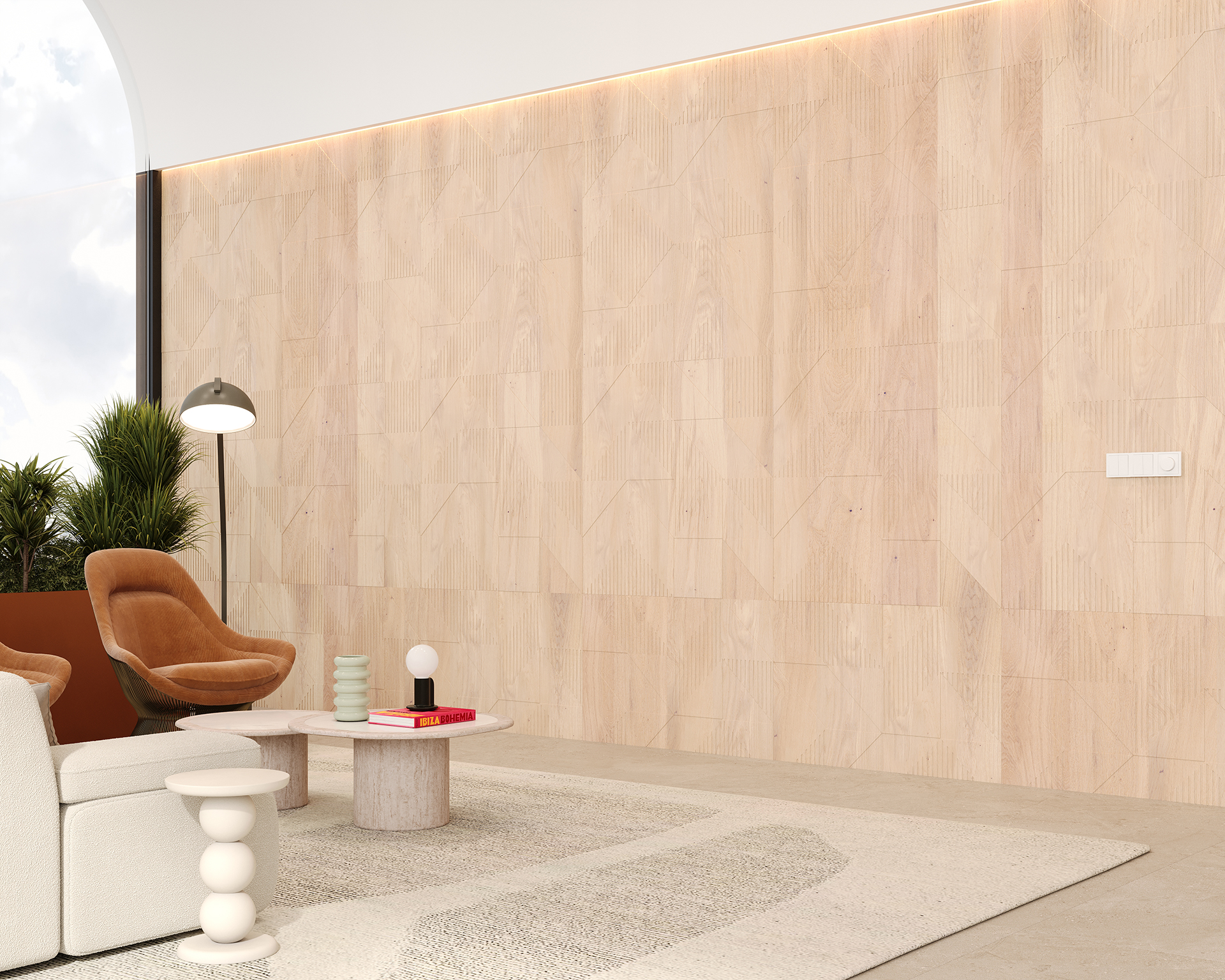 A modern living room with a light woodgrain acoustic felt accent wall, white sofa, and a brown chair. A round coffee table with books and a lamp is on a textured rug. Potted plants and a floor lamp add greenery and light. Minimalist design with neutral tones.