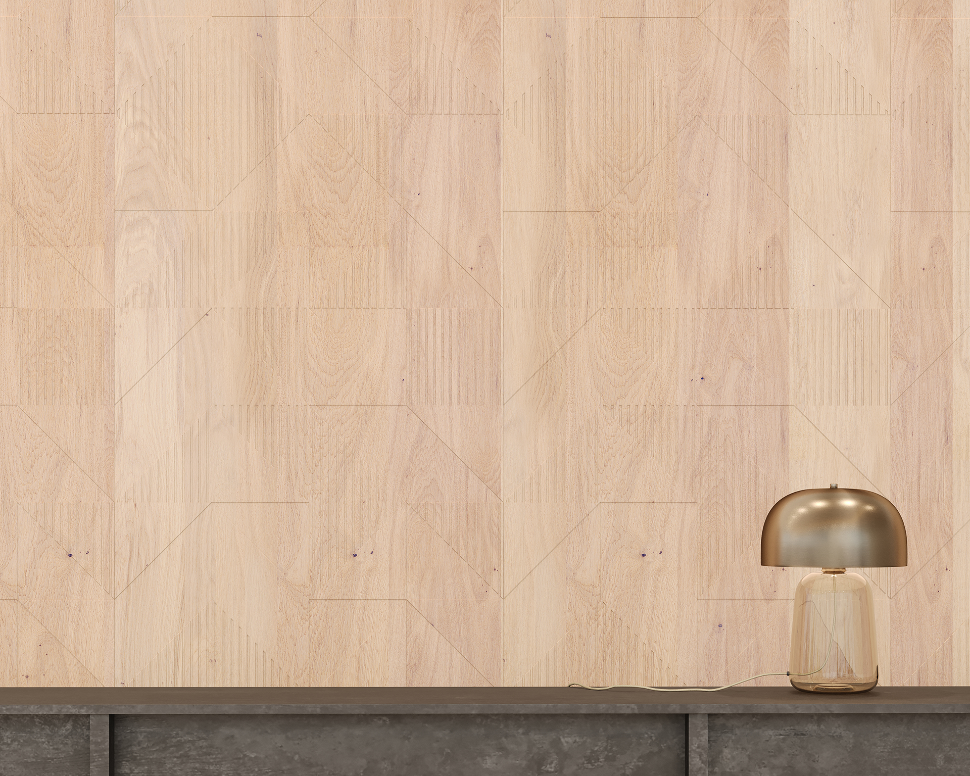 A modern, minimalist setting featuring a textured woodgrain acoustic felt wall with subtle geometric patterns. In front, a concrete shelf holds a decorative golden table lamp with a glass base, creating a warm and elegant contrast.