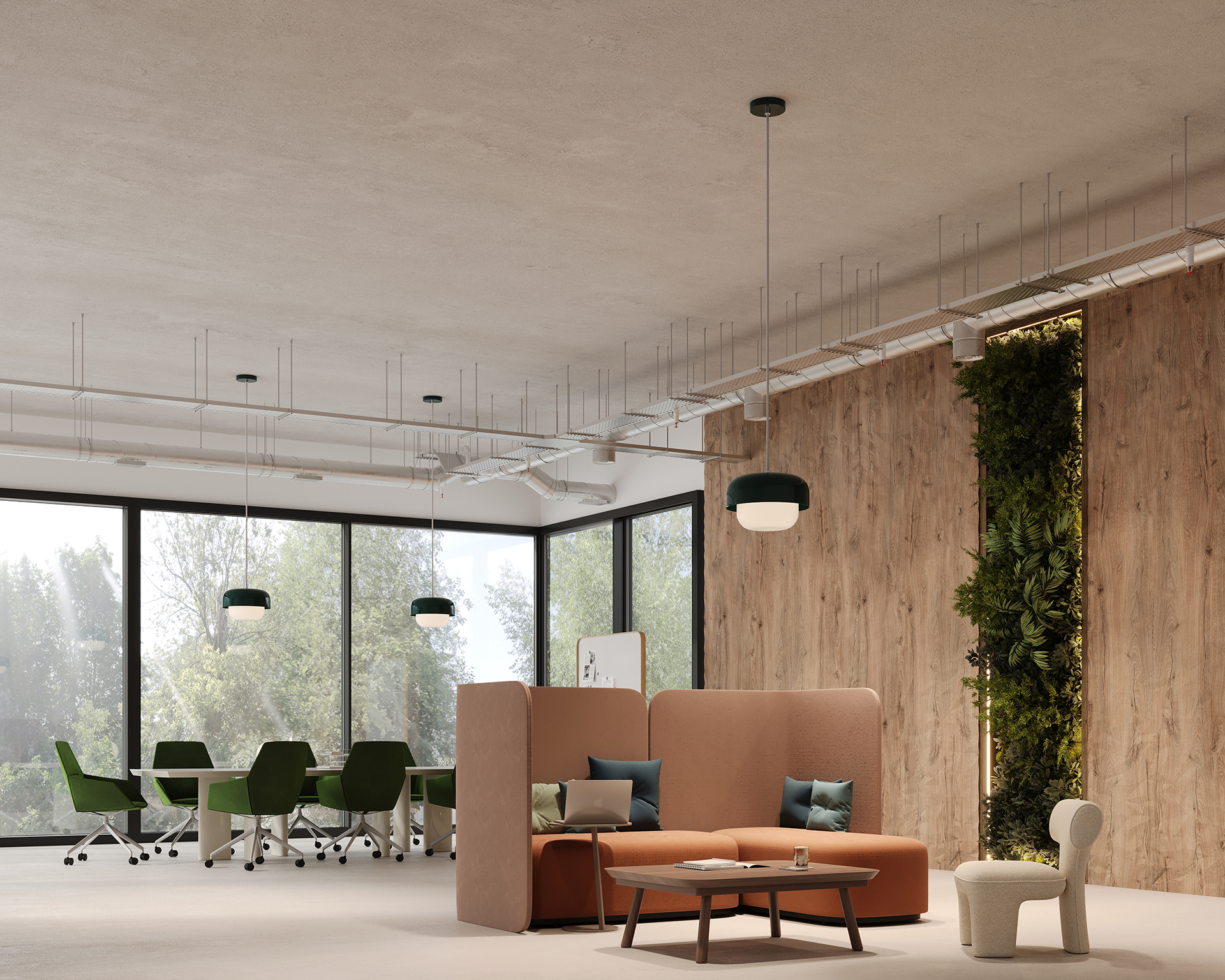 Modern office with a cozy seating area featuring a brown sofa and wooden table. Green chairs surround a conference table by large windows. Wall plants set in an acoustic felt woodgrain wall add a touch of greenery, enhancing the space's inviting atmosphere.