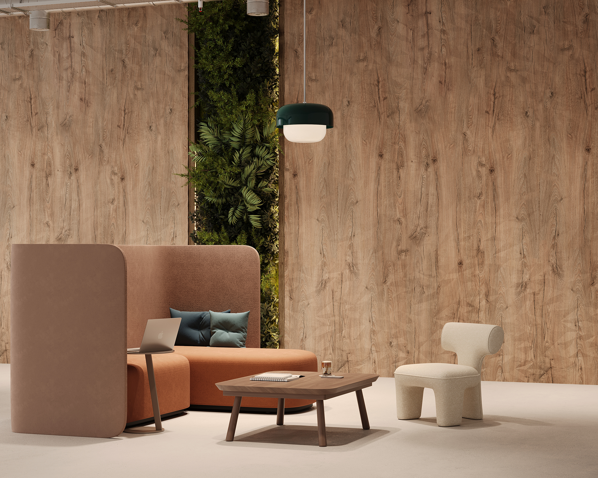 A modern lounge features a brown sofa with a laptop, a wooden coffee table, and an ivory chair. The background has acoustic felt woodgrain paneling and a vertical plant wall. A green pendant light hangs above, and the floor is light-colored.