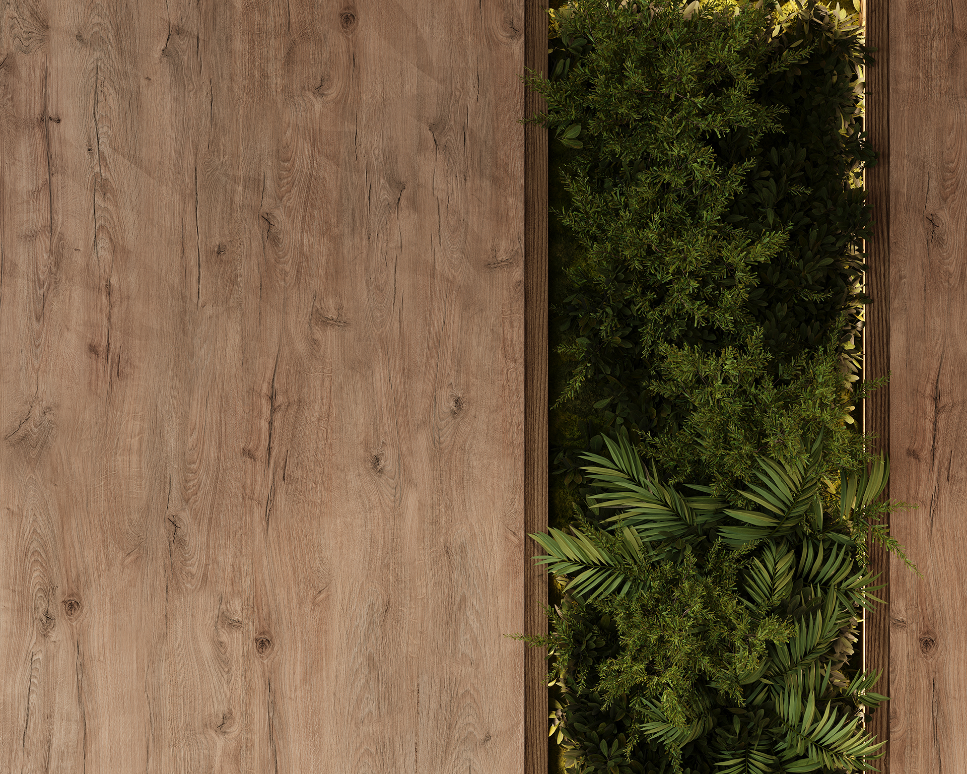 A vertical wall garden with lush green plants is set against a backdrop of natural woodgrain acoustic felt panels. The plants' vibrant greens contrast with the earthy wood tones, creating a serene and natural aesthetic.