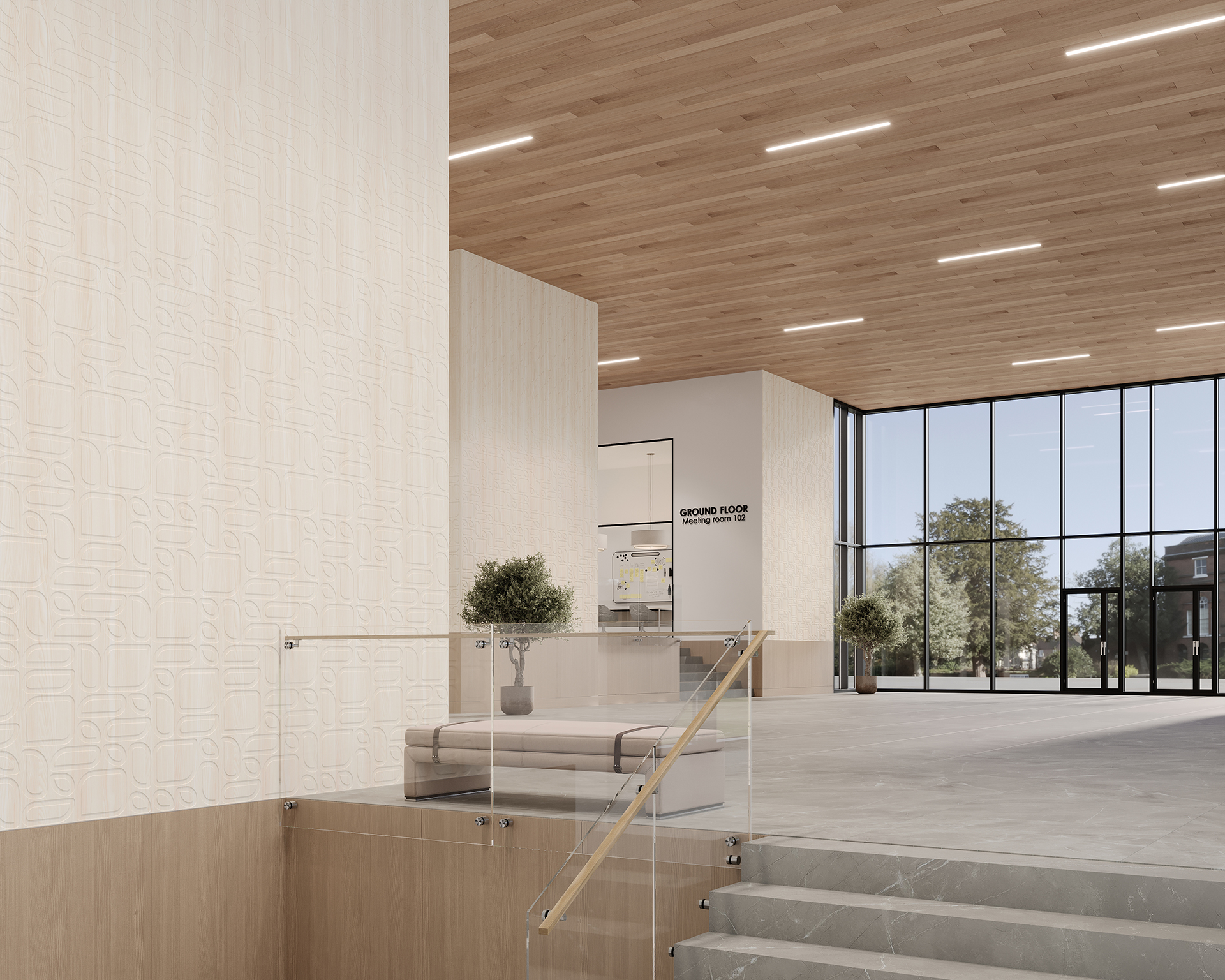 Spacious modern lobby with wood ceiling, patterned light woodgrain acoustic felt walls, and large windows. Includes a staircase with glass railing, framed by potted plants. Natural light fills the space, highlighting a minimalist aesthetic.