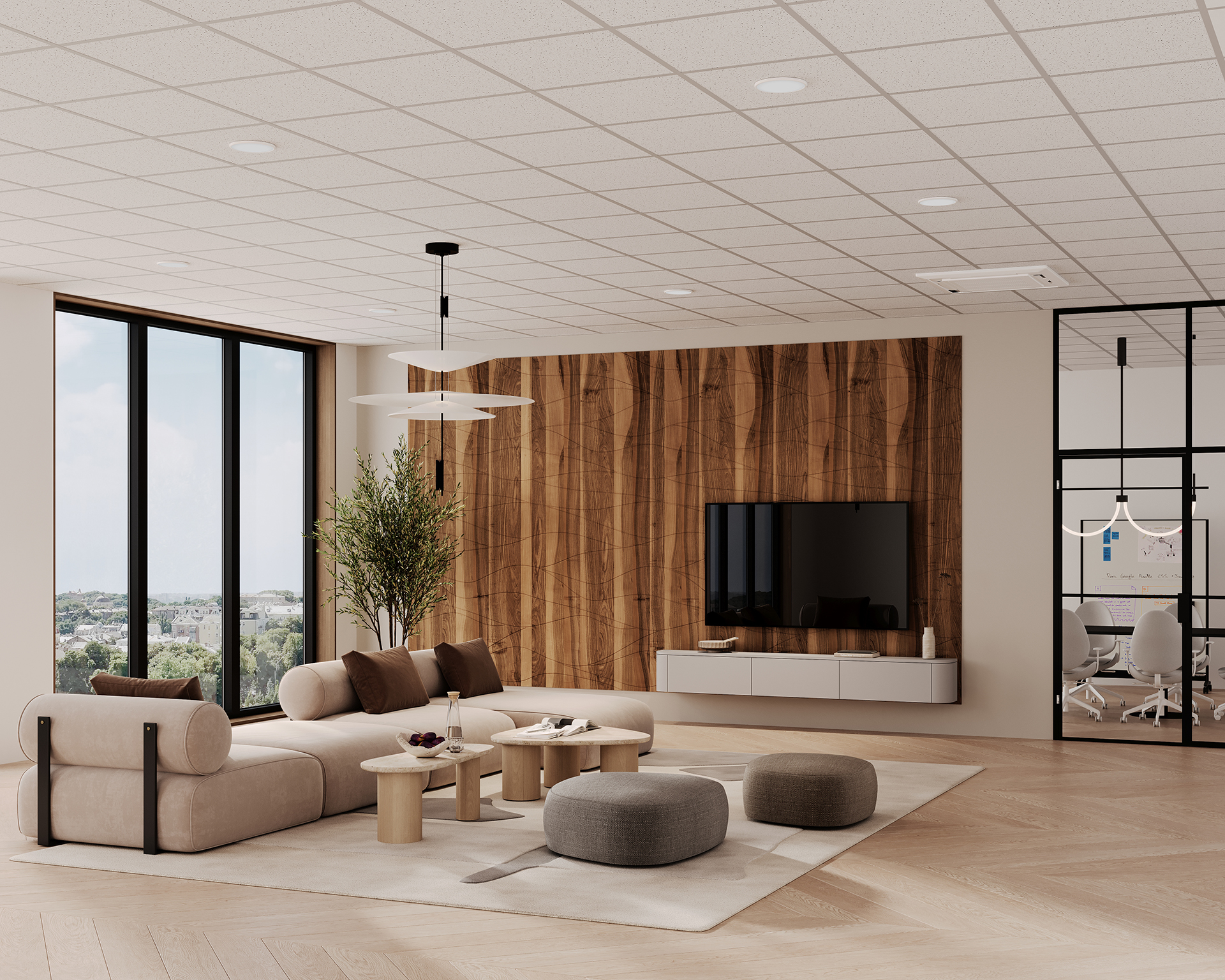 A modern living room with large windows, a woodgrain acoustic felt accent wall, and a TV. Beige sofas and round ottomans surround a coffee table. A plant and a ceiling light add decor. An adjacent office space is visible through glass doors.