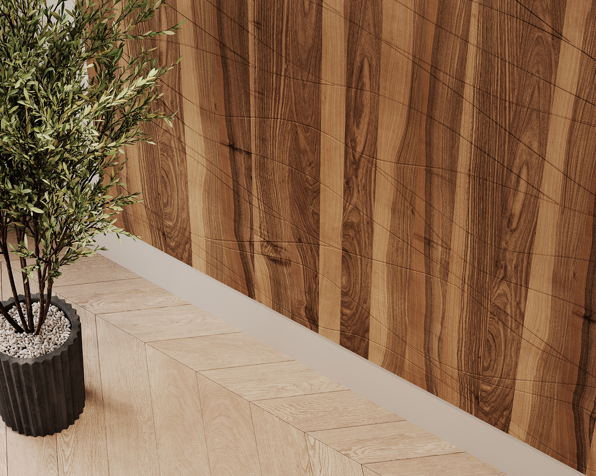 A potted plant with thin, long leaves sits on a light wood floor next to a wall with vertical woodgrain acoustic felt paneling. The paneling features a prominent grain pattern with alternating shades of brown.