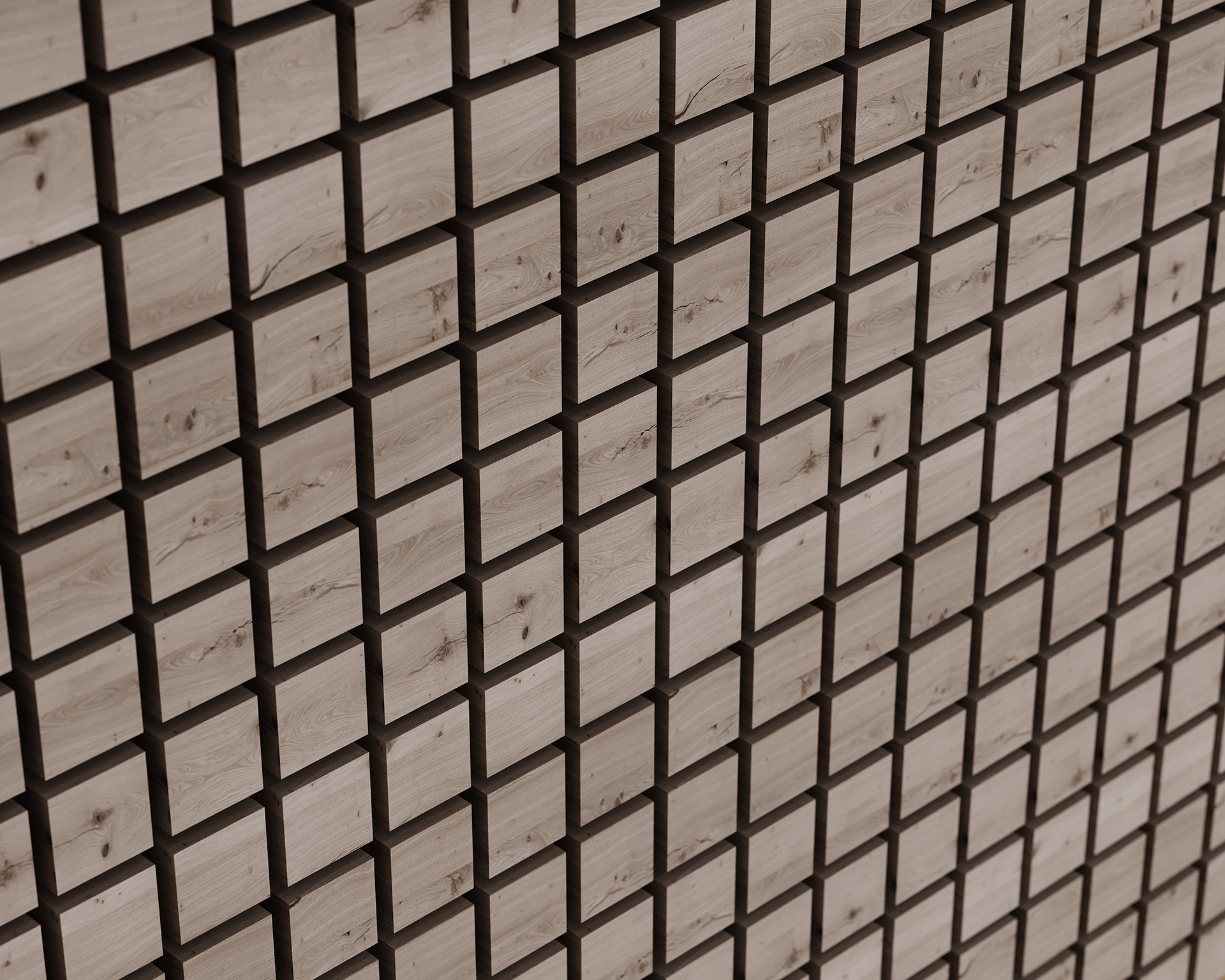 A close-up of a wall covered in small, light brown woodgrain acoustic felt squares arranged in a grid pattern. The squares have a natural wood grain texture and are uniformly spaced, creating a geometric, three-dimensional effect.