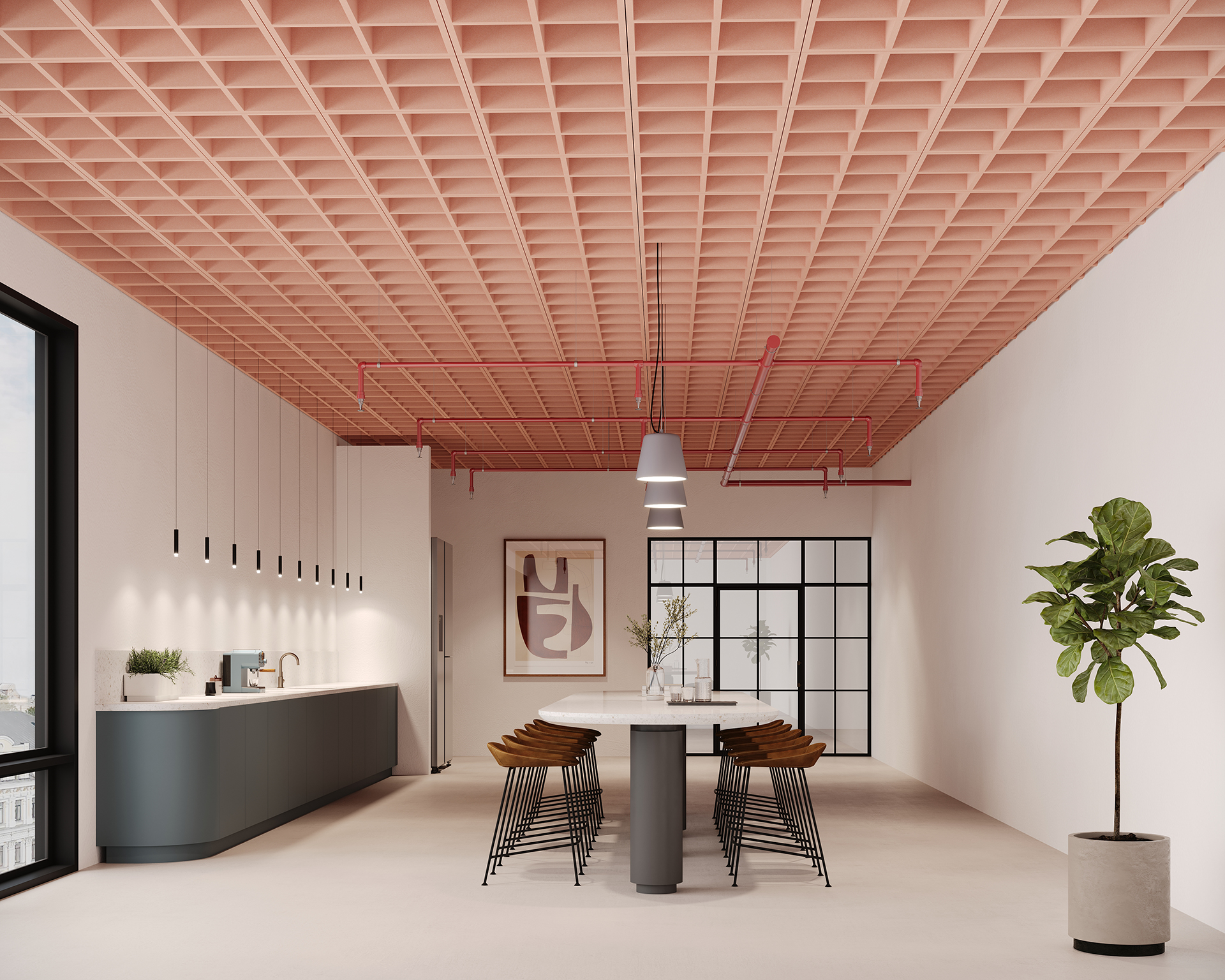 Modern kitchen with a large island and bar stools, featuring a pink grid-patterned acoustic felt ceiling with exposed red pipes. Stylish pendant lights hang above the island. A plant and abstract artwork decorate the bright space with large windows.