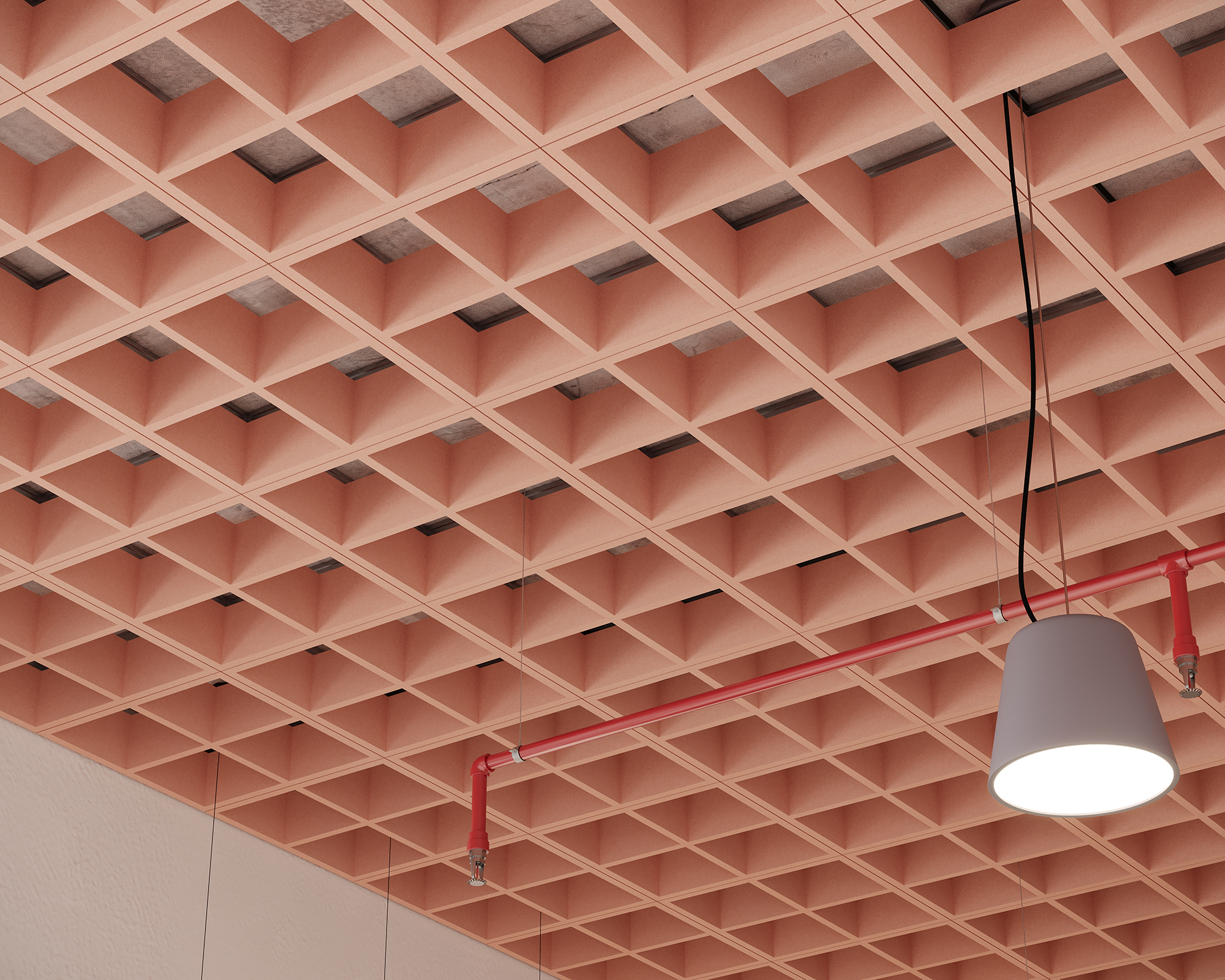 The image shows a modern acoustic felt ceiling with a grid pattern of square recesses. A red pipe runs across the ceiling with a suspended cylindrical light fixture hanging from black cords. The design is minimalist and geometric.