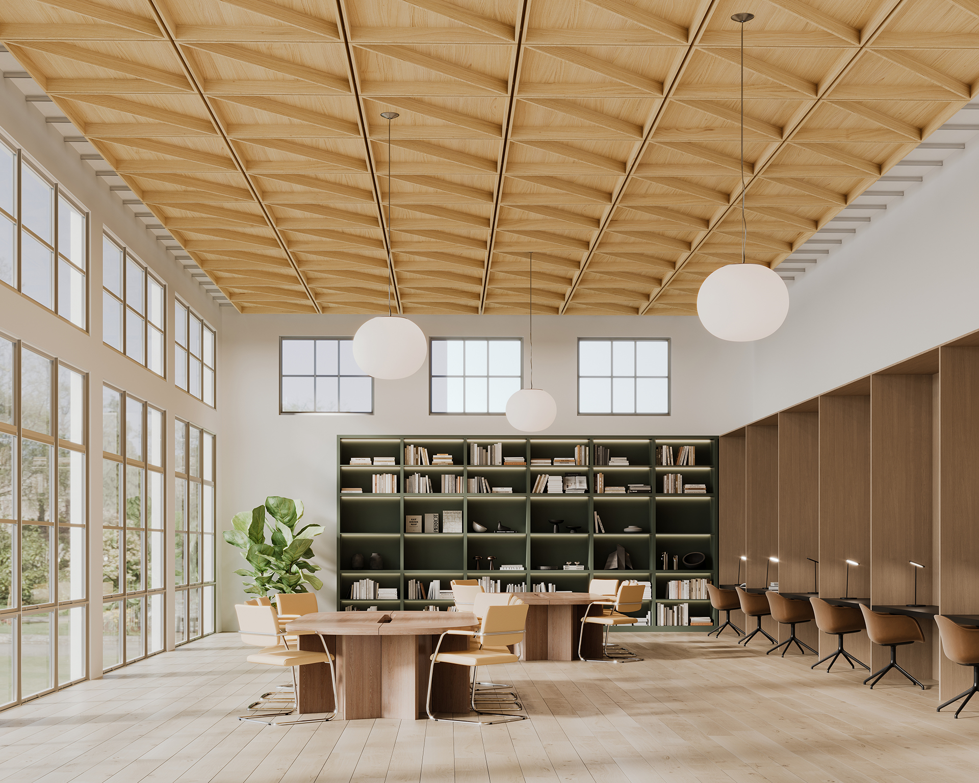 A modern library with a high woodgrain acoustic felt ceiling and large windows. Two tables with chairs are in the center, surrounded by bookshelves filled with books. Globular pendant lights hang from the ceiling, and a large plant adds greenery.