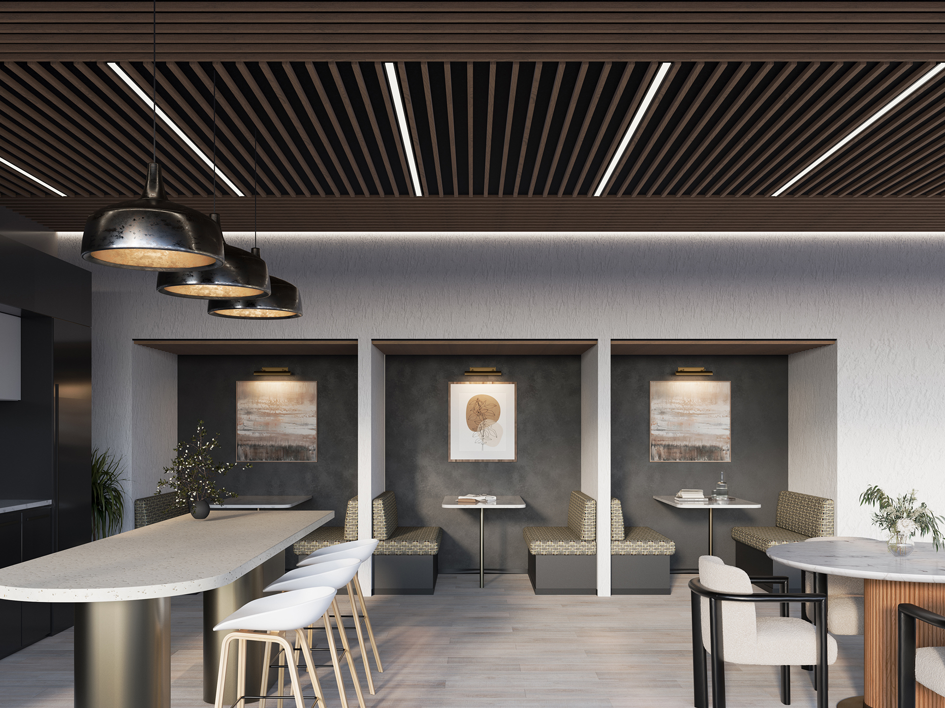 Modern cafe with woodgrain slat acoustic felt ceiling, pendant lights, and cozy booth seating. Two framed artworks adorn the booth walls. A long counter with bar stools and a small table with chairs are in the foreground. Neutral color palette.