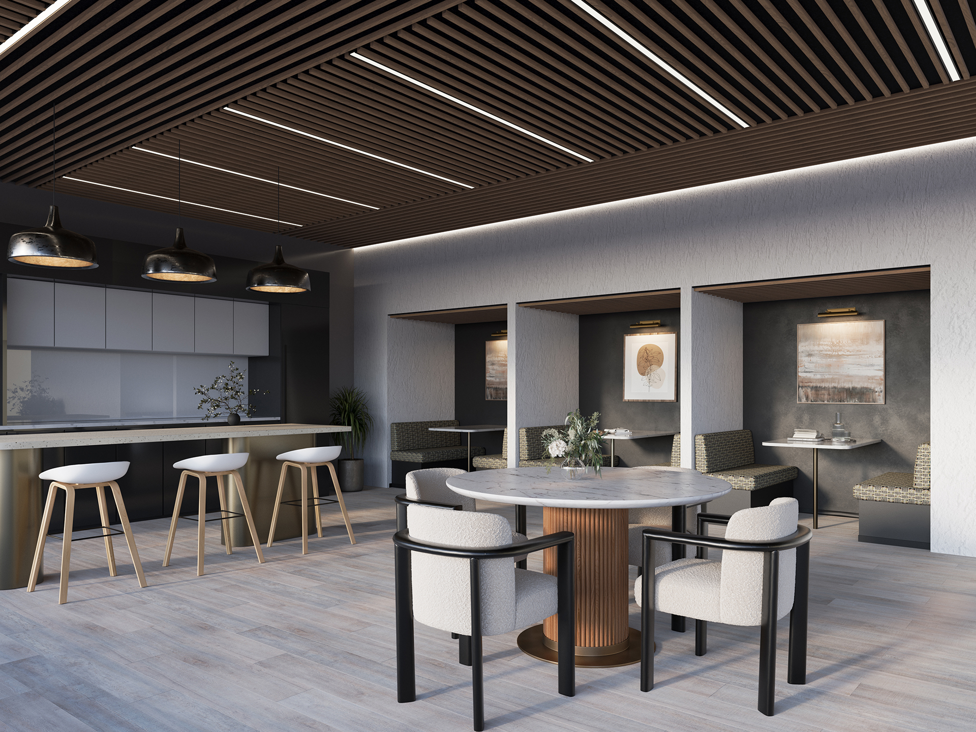 Modern dining area featuring a round table with four chairs in the foreground. In the background, there are bar stools by a kitchen counter and three dining booths with artwork on the walls. The ceiling has woodgrain acoustic felt slats and contemporary lighting.