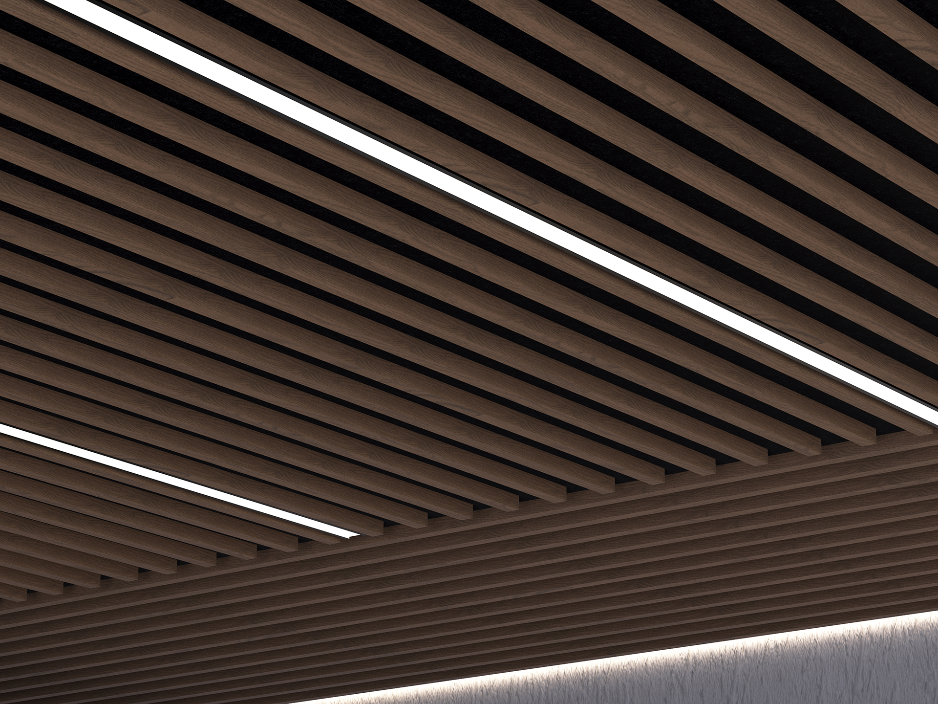 Woodgrain acoustic felt slatted ceiling with integrated linear lights running parallel. The design adds a modern and aesthetic appeal, featuring two bright white light strips. The ceiling appears above a light-colored wall with a textured finish.