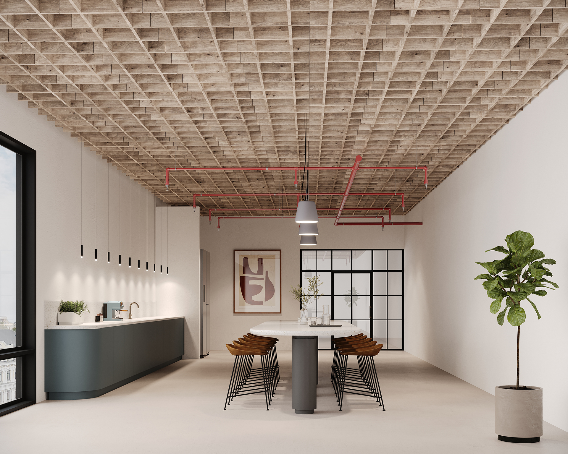 Modern office kitchen with a woodgrain acoustic felt grid ceiling, red pipes, and a large window. Features a long counter with barstools, a minimalist art piece, and a potted plant. Pendant lights hang above the island and countertop.