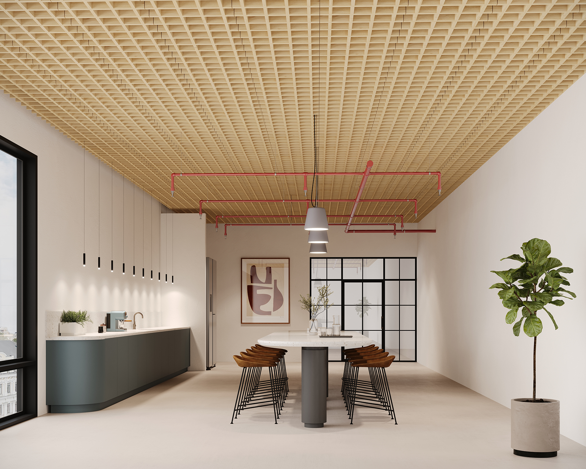 Modern kitchen with a grid-patterned acoustic felt ceiling and red pipe accents. Features a long counter on the left with a sink and cabinetry, a central dining table with dark chairs, a potted plant on the right, and large windows for natural light.