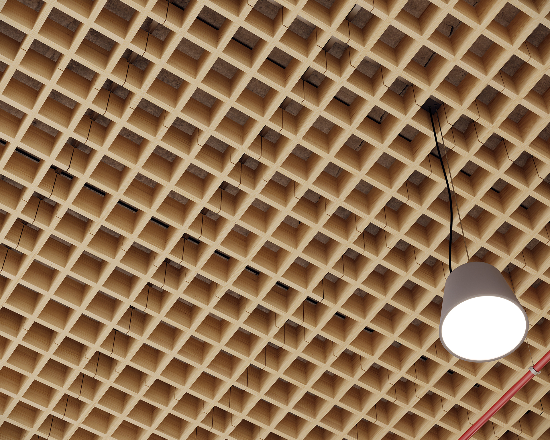 A grid-patterned acoustic felt ceiling with a light brown finish features a single white pendant light hanging from it. The design consists of evenly spaced square openings, adding texture and depth to the ceiling.