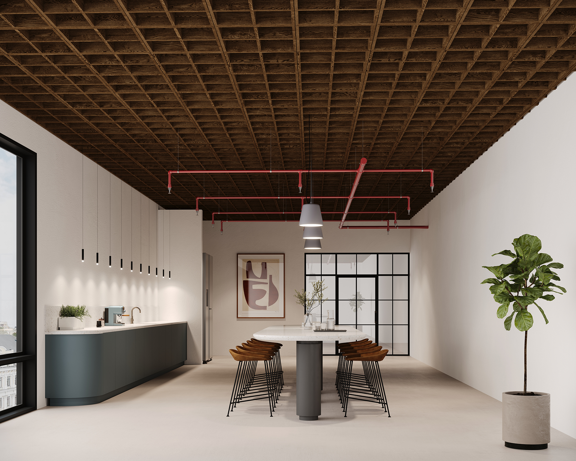 A modern dining area with a long table and eight wooden chairs. The room features a grid-patterned acoustic felt brown ceiling with red piping, pendant lights, a large window, framed artwork, and a potted plant. A sleek kitchen with a curved counter is visible.