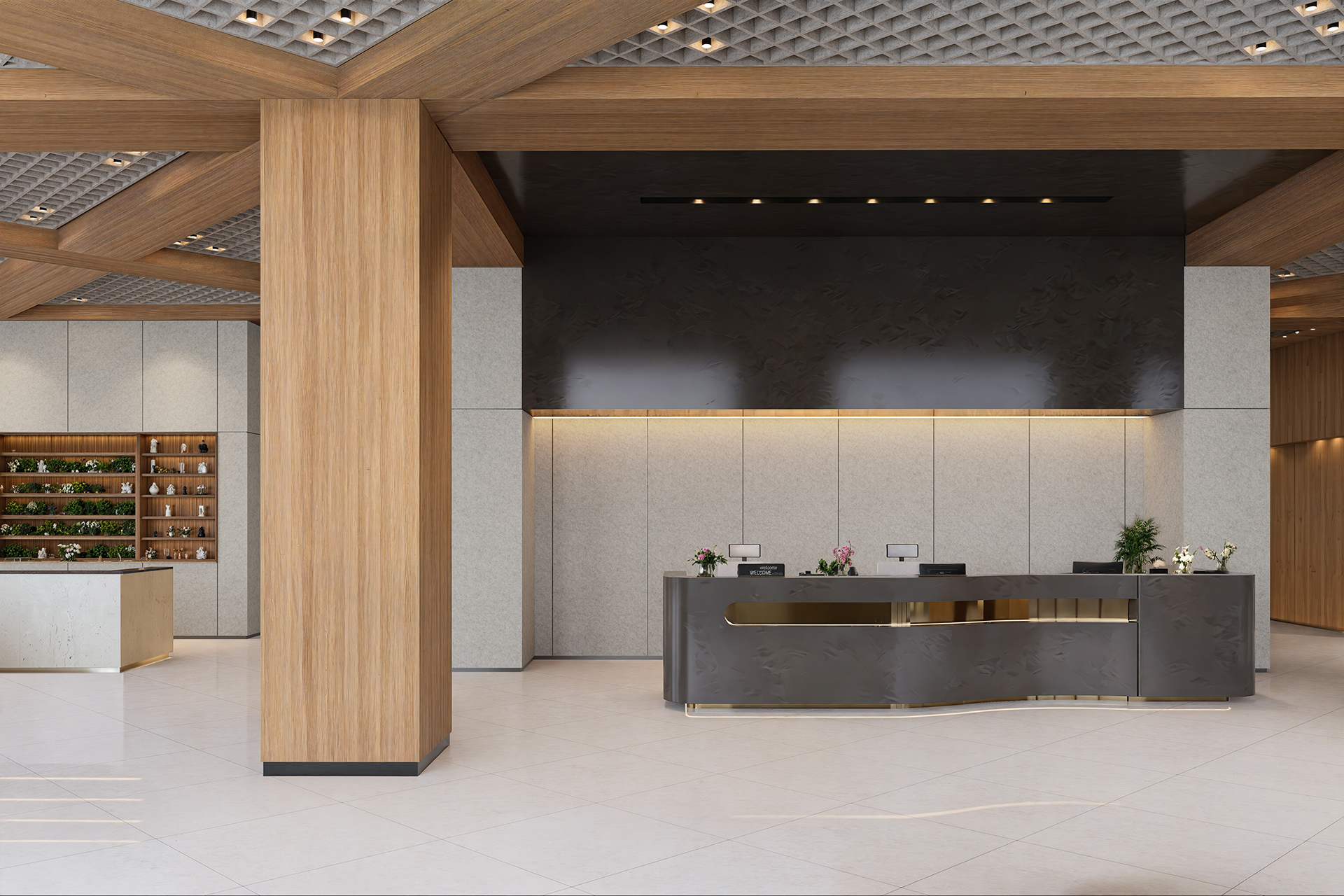 Spacious modern hotel lobby with a large wooden beam ceiling accented with acoustic felt. A sleek black reception desk is on the right, adorned with small plants. Shelves with greenery and a counter are on the left. The room has a polished white tile floor.