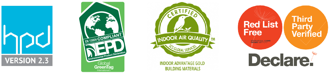 Image showcasing four essential environmental certification logos: HPD Version 2.3, EPD Global GreenTag, Indoor Air Quality Certified Building Materials, and Declare Red List Free, Third Party Verified—vital components in sustainable hospitality design.