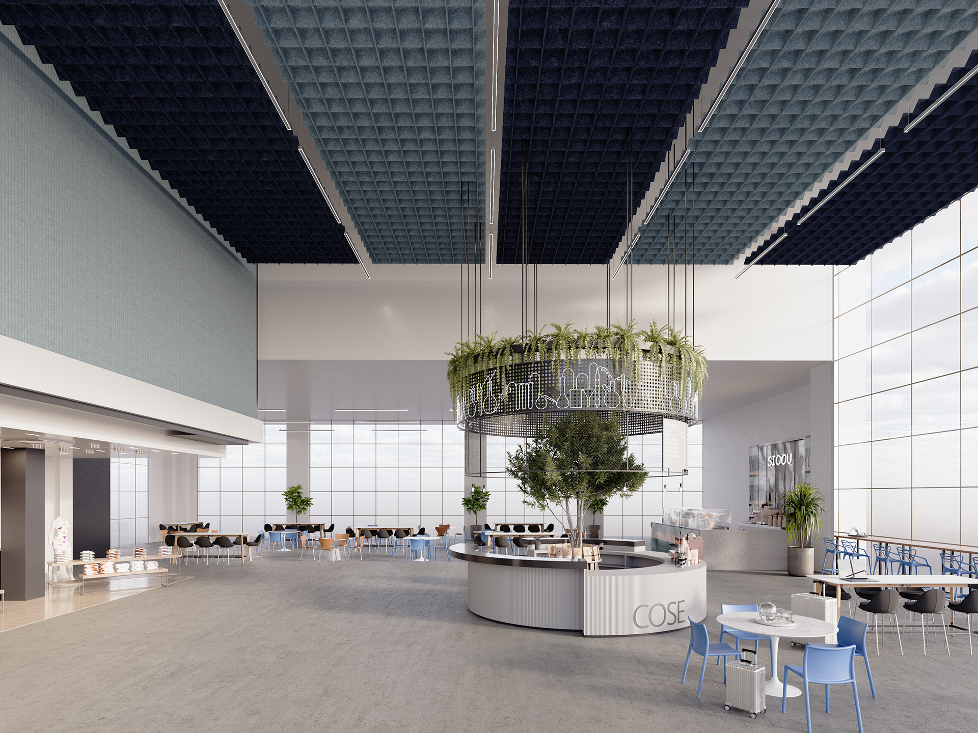 A modern, spacious café with large windows, minimalist furniture, and blue acoustic felt interlaced grids on the ceiling. A circular counter with greenery and trees is in the center, surrounded by tables and chairs.
