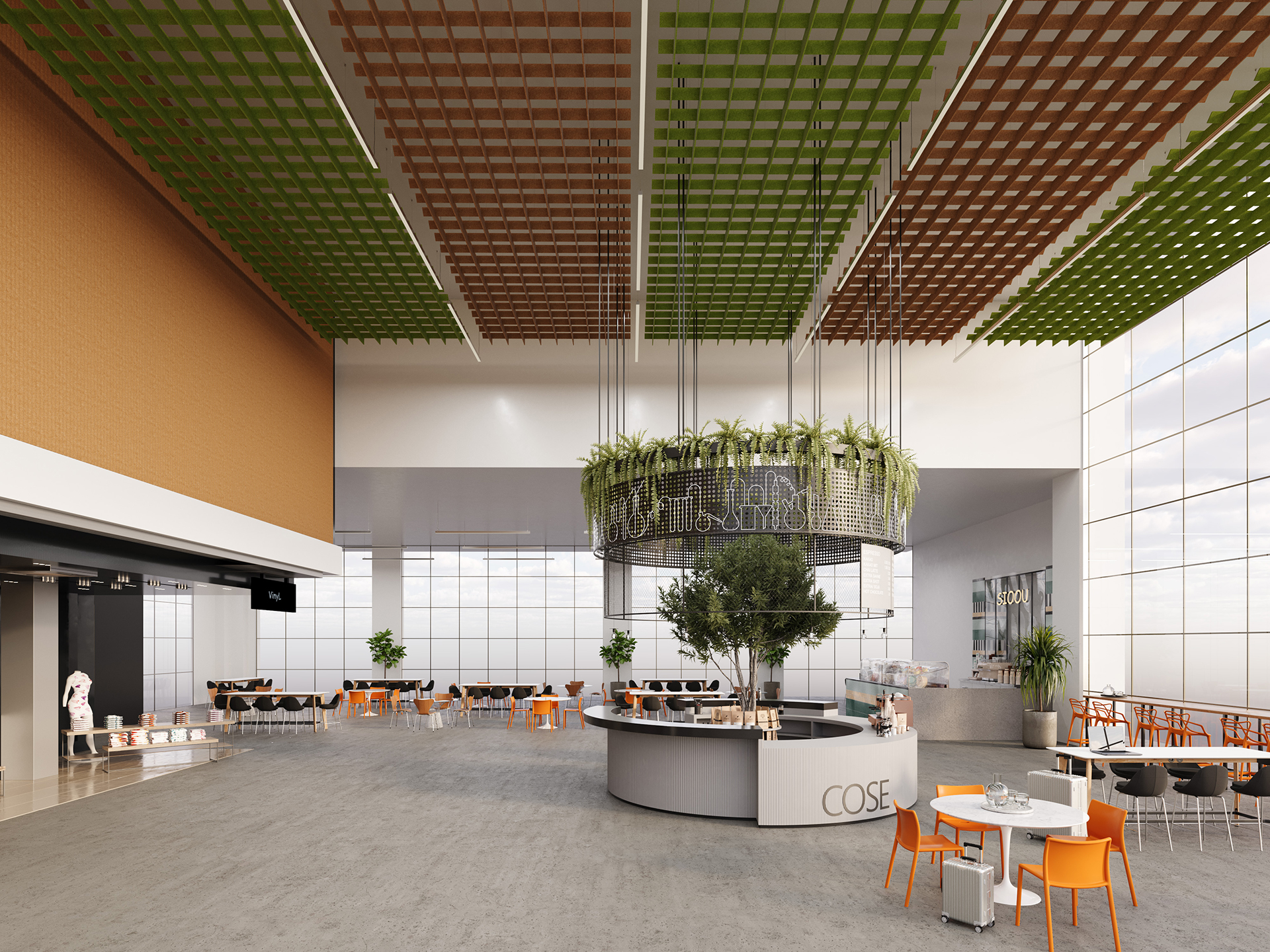 Modern, spacious café with high acoustic felt ceilings, a circular counter and greenery in the center, orange and white chairs, large windows, and a mix of natural and artificial lighting. A sign reads "COSE" by the counter.