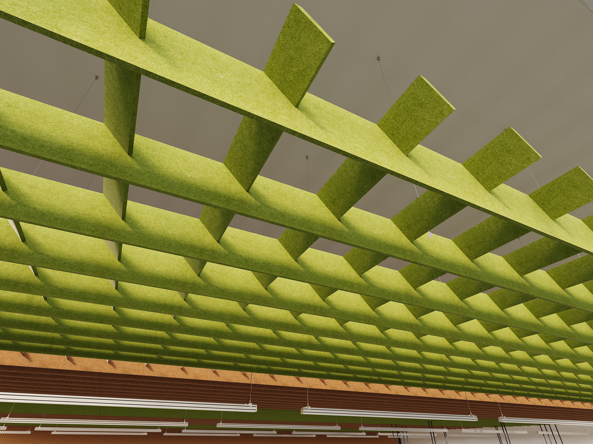 Green, grid-like acoustic felt ceiling clouds hang above a modern interior, creating a geometric pattern. Linear lights and brown wall accents are visible below the suspended panels.