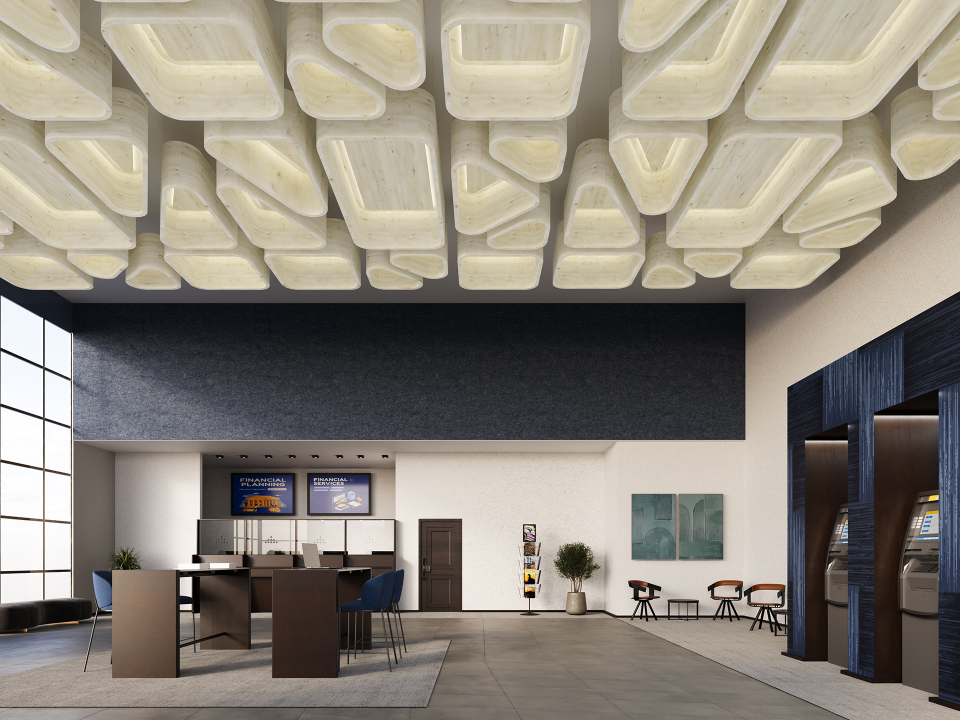 Modern bank interior with high acoustic felt clouds, ATMs on the right, service counters in the center, wall art, chairs, and large windows letting in natural light.