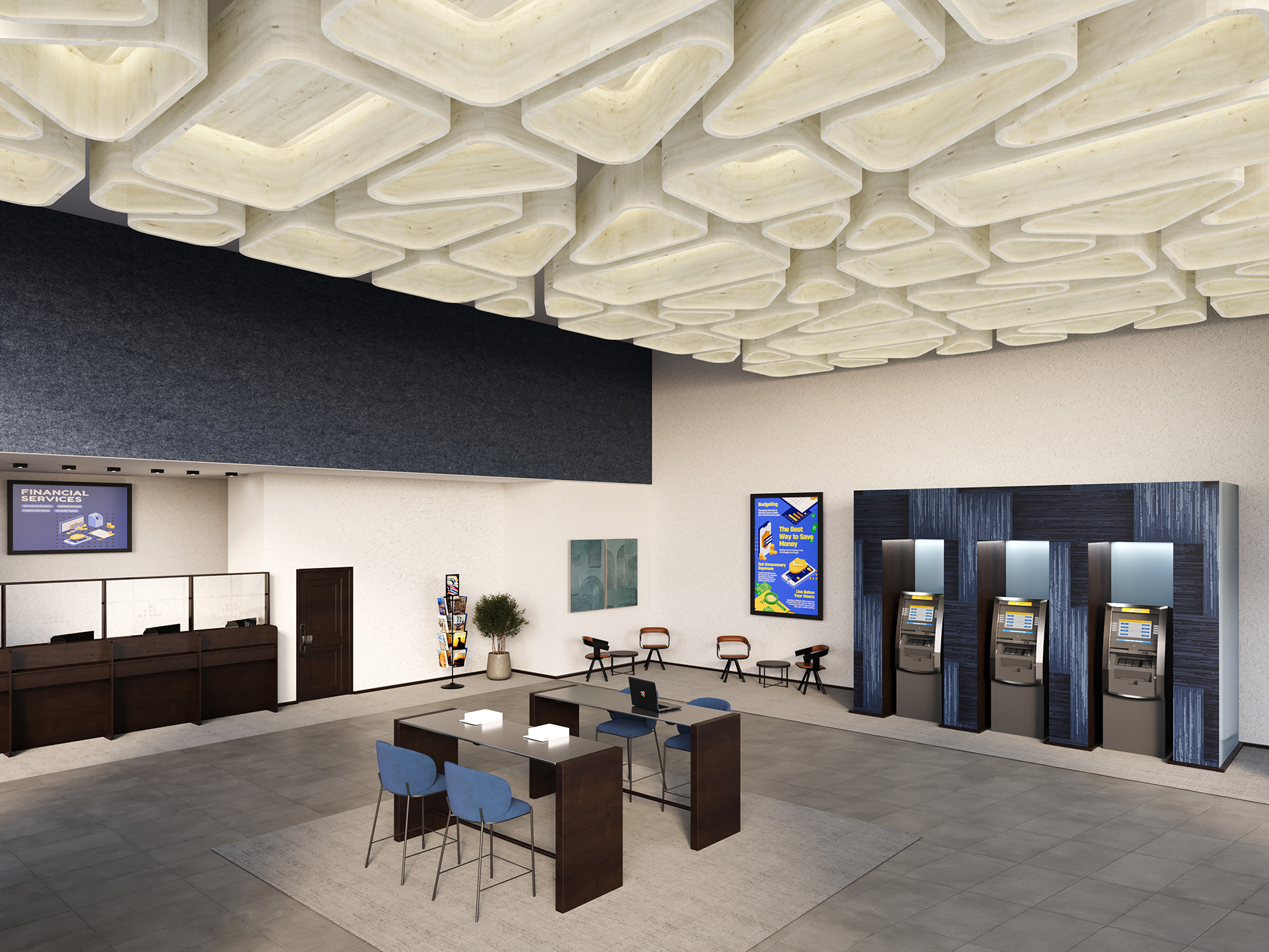 A modern bank lobby with a high acoustic felt ceiling, decorative acoustic felt lighted clouds, ATMs on the right, a service counter on the left, a seating area with chairs and tables, and informational posters on the walls.
