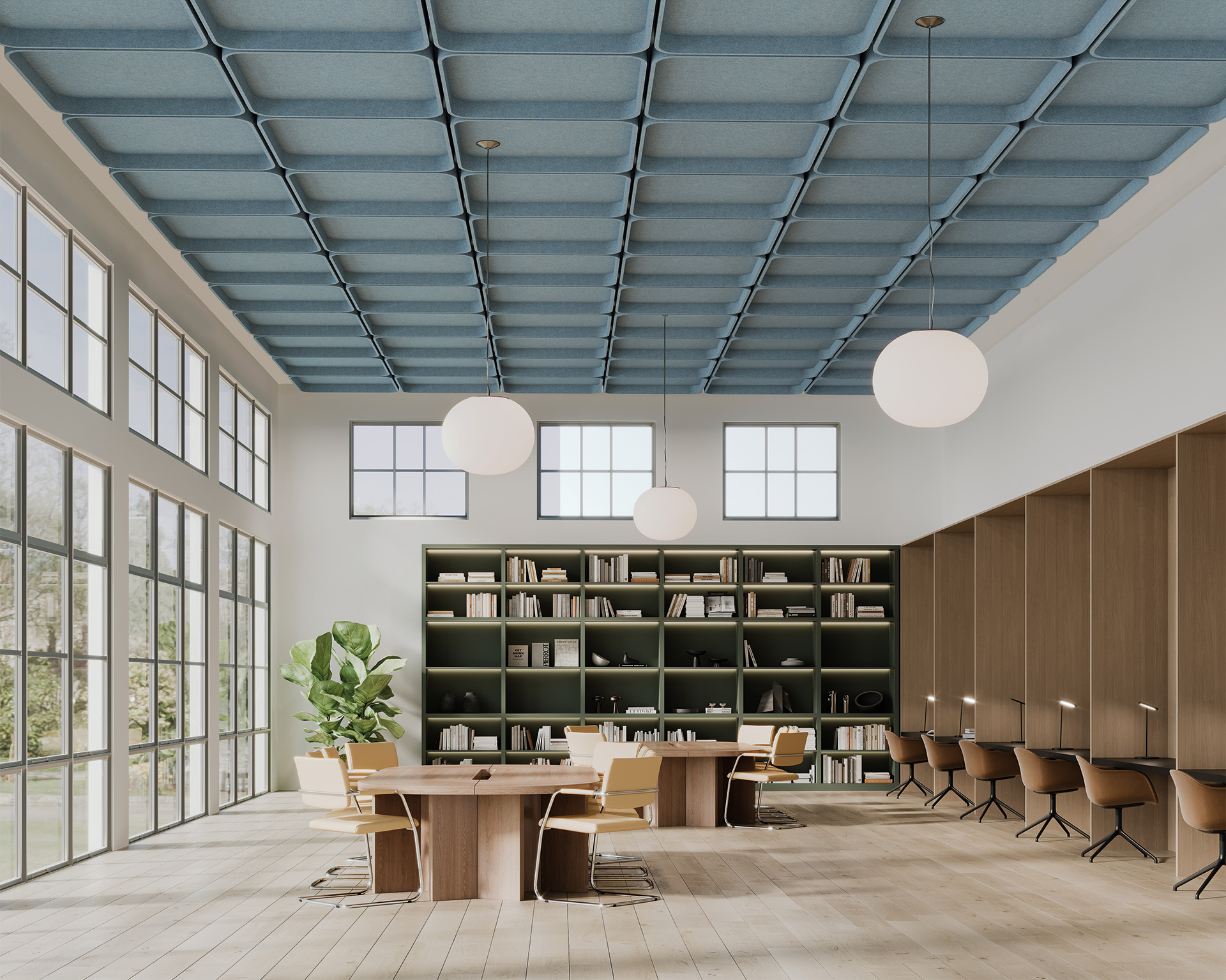 Spacious modern library with large windows and a green wall of bookshelves. Round tables and chairs align the room, and three spherical lamps hang from the textured acoustic felt ceiling. Natural light brightens the interior, with a view of greenery outside.
