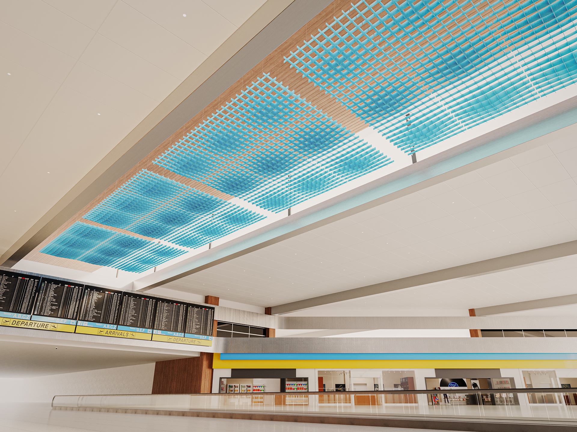 Spacious airport terminal interior with a wide skylight featuring a blue patterned acoustic felt grid, departure screens hanging above, and check-in counters and shops below. The scene is well-lit and modern.