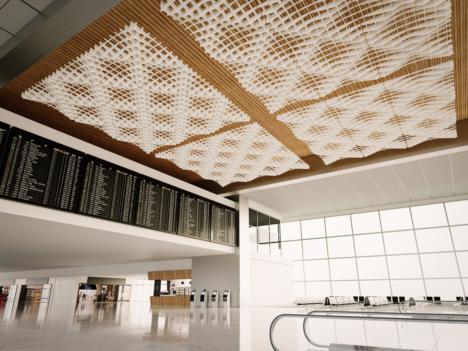 A spacious modern airport terminal with a geometric acoustic felt ceiling design, digital flight information boards, large windows letting in natural light, empty check-in kiosks, and seating areas.
