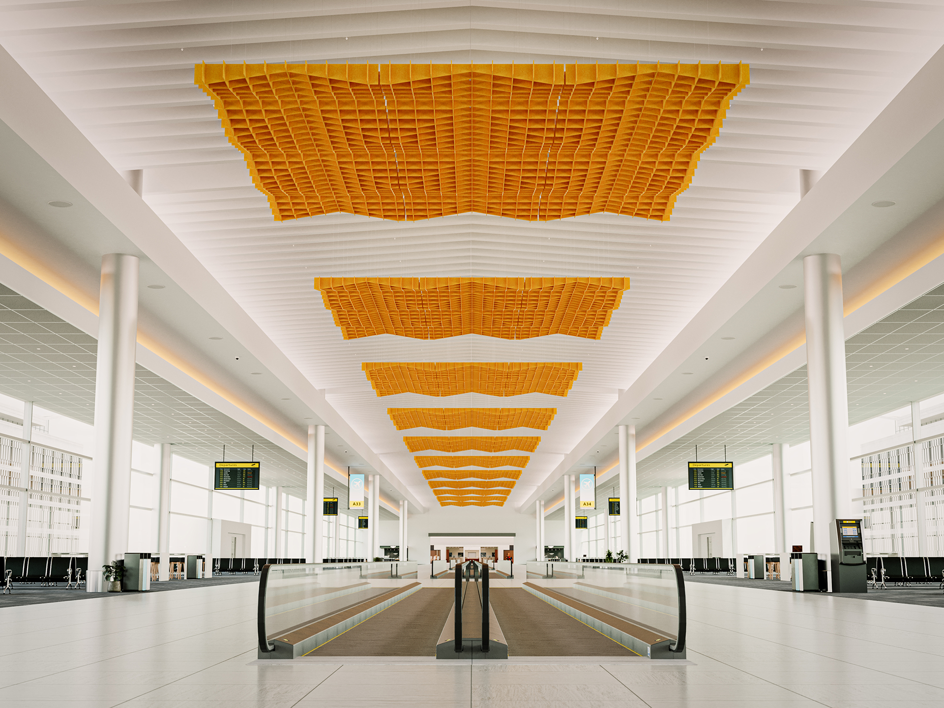 A modern airport terminal with a moving walkway, high white ceilings, large windows, and bright orange geometric acoustic felt ceiling art running along the center of the corridor.