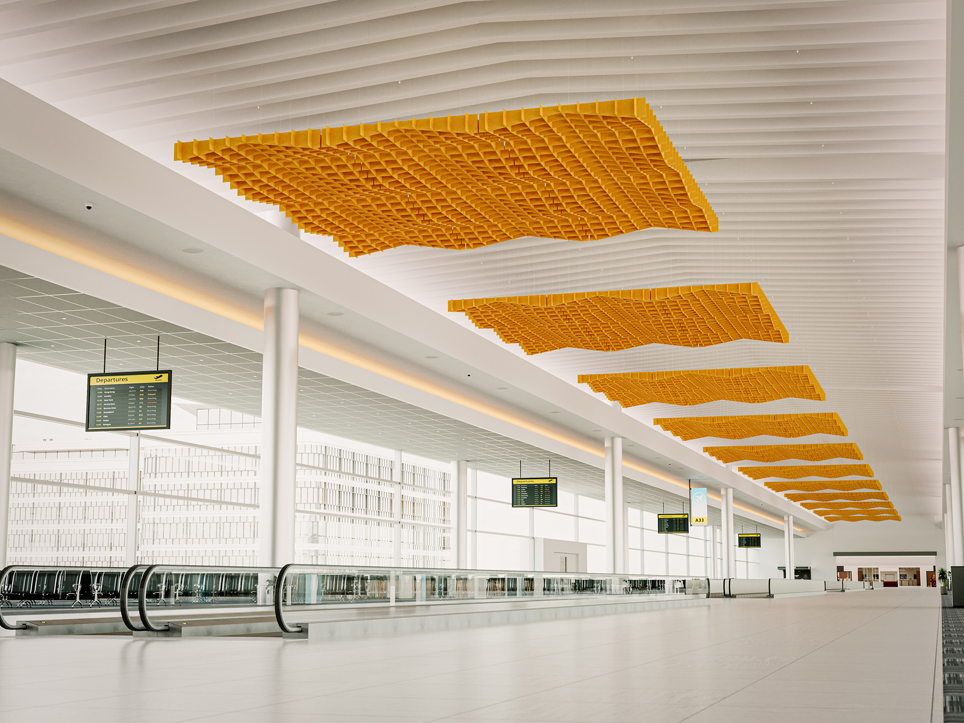A modern, spacious airport terminal with white floors and ceilings, large windows, and bright orange, wave-shaped acoustic felt ceiling clouds. Overhead signs display flight information, and moving walkways line the corridor.