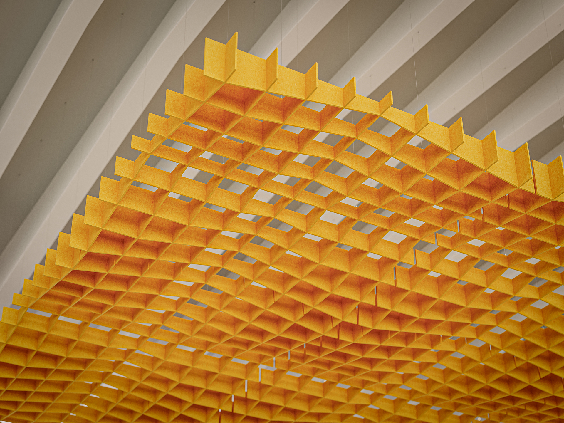 Orange grid-like acoustic felt ceiling panel with an interlace pattern suspended below curved white structural beams. The pattern creates an interesting geometric and architectural effect.